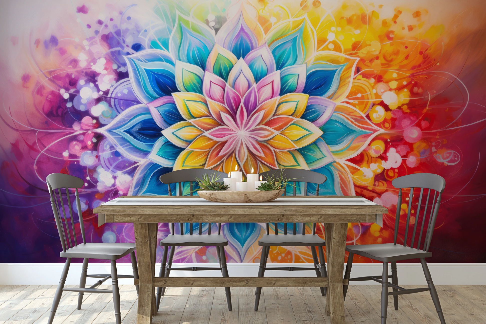 Wzór fototapety artystycznej o nazwie Floral Harmony pokazanej w aranżacji wnętrza.
