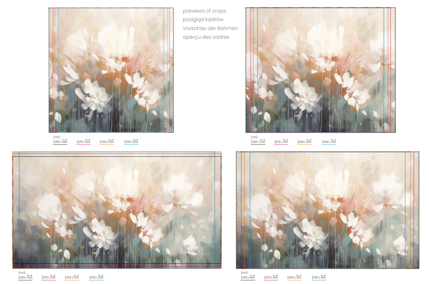 Na obrazie znajduje się prezentacja przykładowych rozmiarów fototapety o nazwie Creamy Petal Embrace. Rozmiar fototapety jest dowolny.