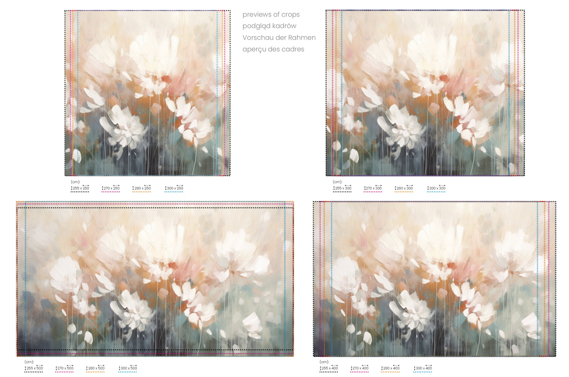 Na obrazie znajduje się prezentacja przykładowych rozmiarów fototapety o nazwie Creamy Petal Embrace. Rozmiar fototapety jest dowolny.