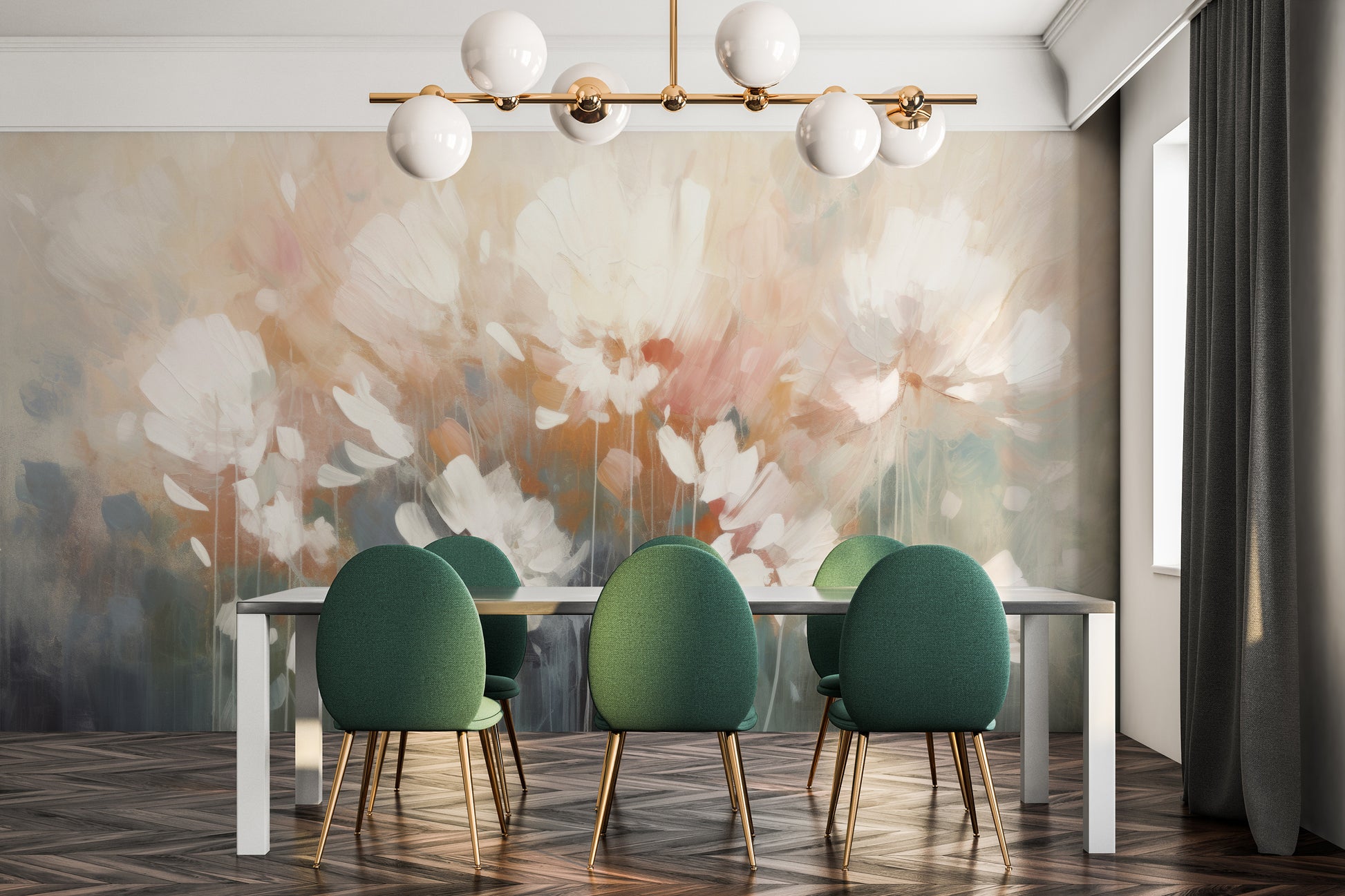 Fototapeta malowana o nazwie Creamy Petal Embrace pokazana w aranżacji wnętrza.