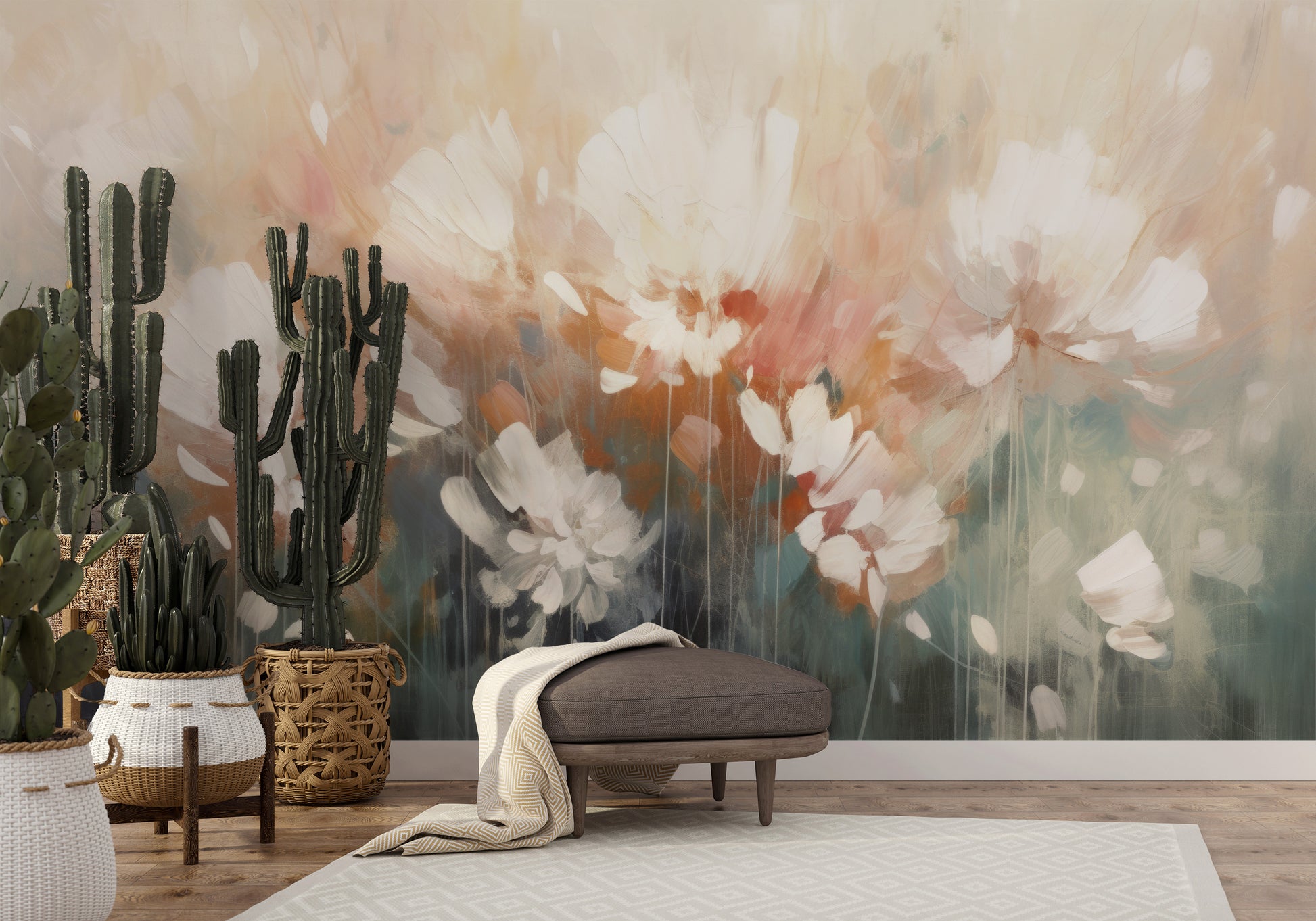 Fototapeta artystyczna o nazwie Creamy Petal Embrace pokazana w aranżacji wnętrza.