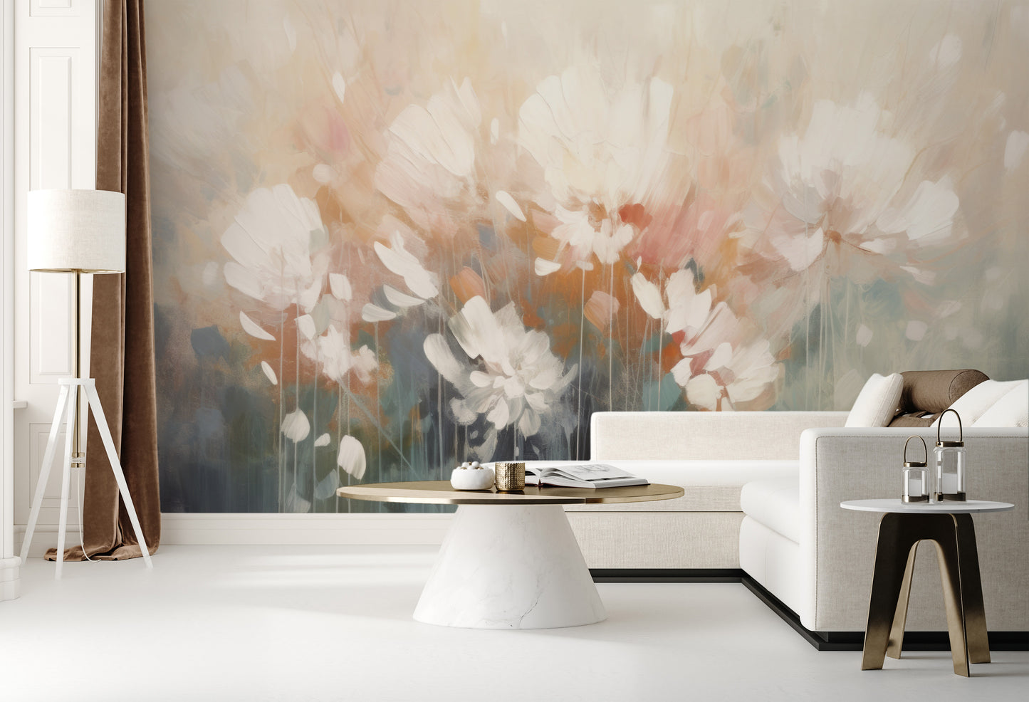 Wzór fototapety o nazwie Creamy Petal Embrace pokazanej w kontekście pomieszczenia.