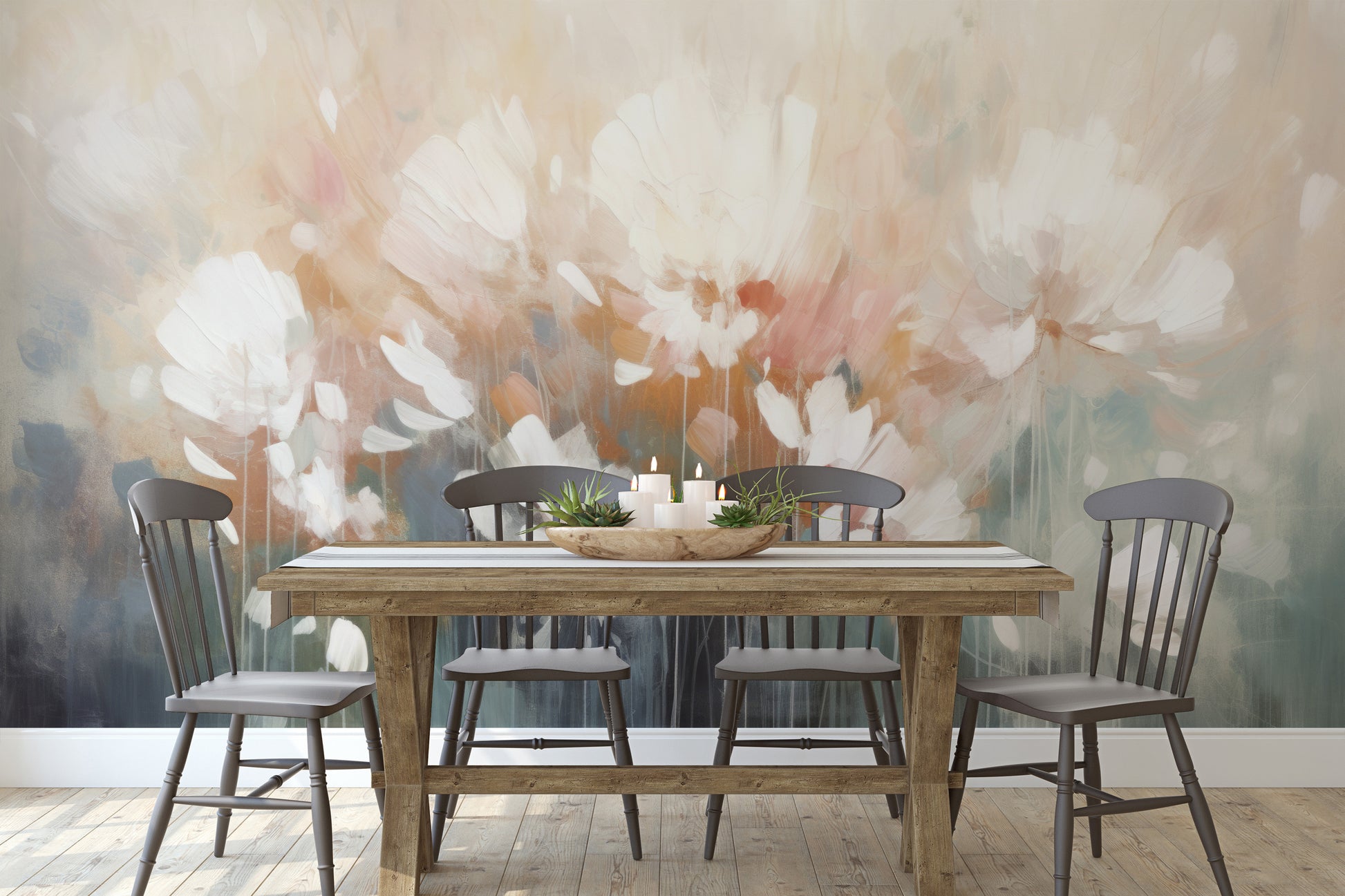 Wzór fototapety artystycznej o nazwie Creamy Petal Embrace pokazanej w aranżacji wnętrza.