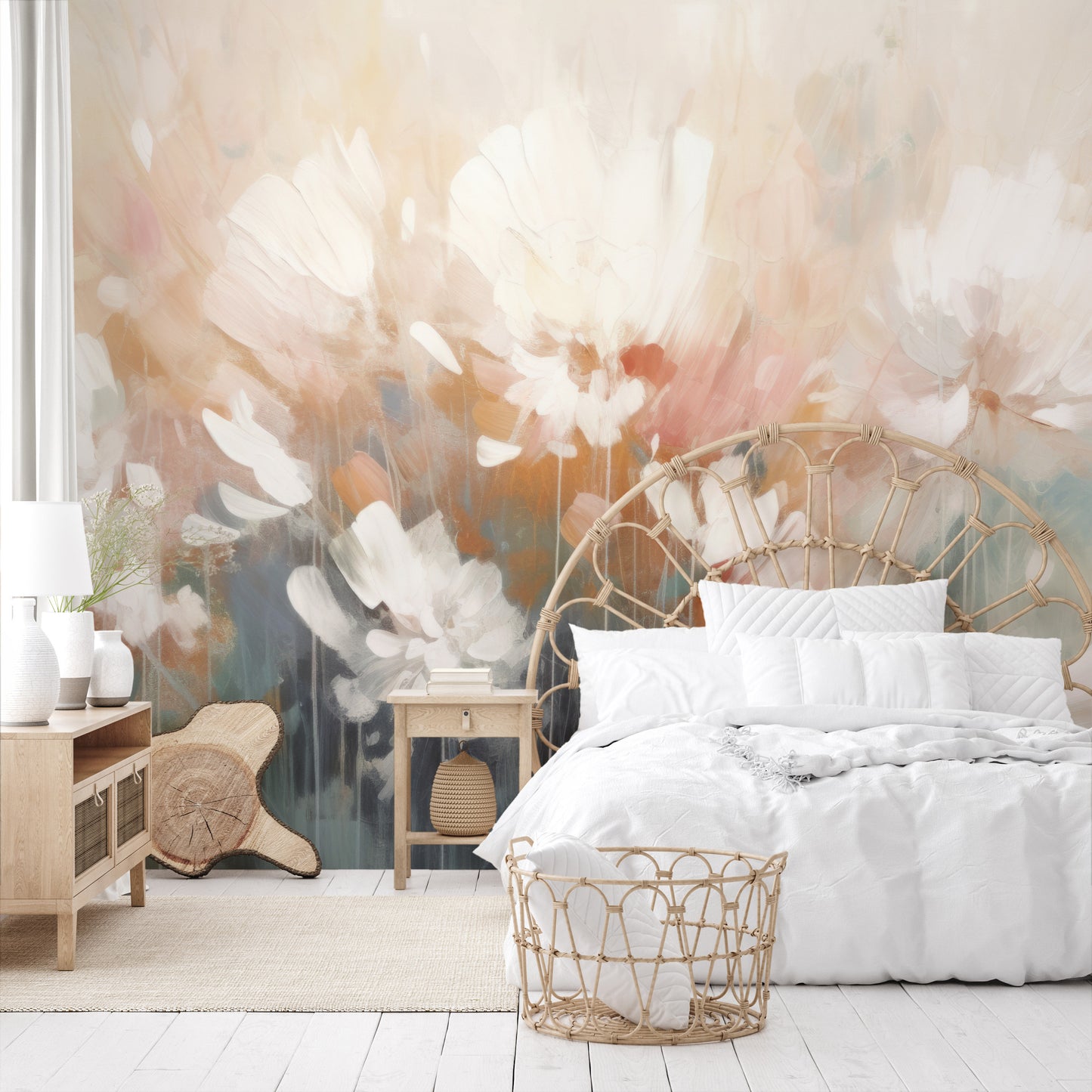 Zdjęcie prezentuje aranżację wnętrza z użyciem fototapety o nazwie Creamy Petal Embrace pokazanej w aranżacji wnętrza.
