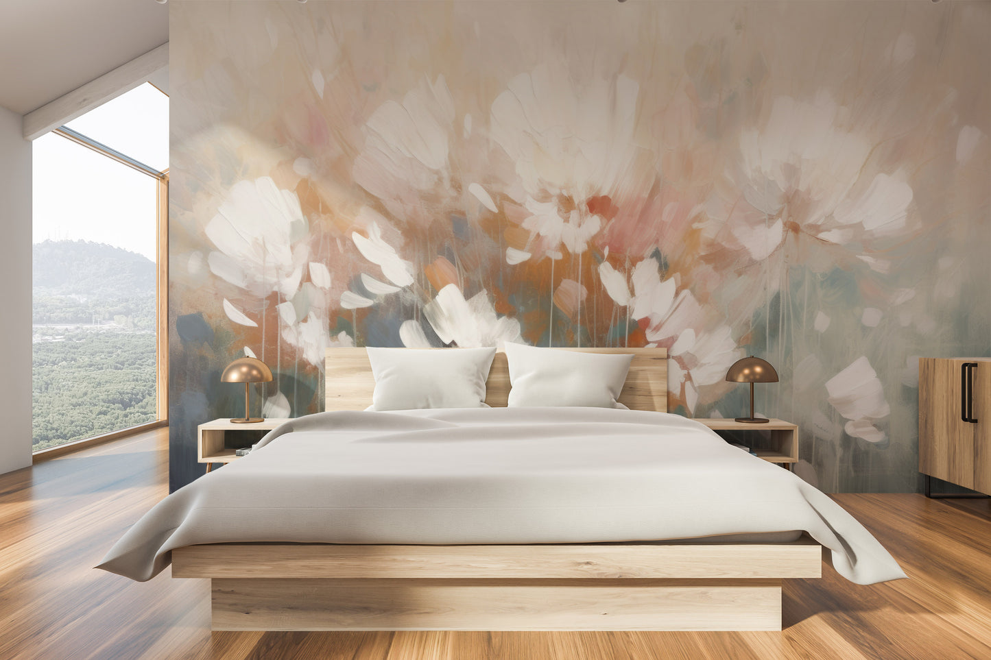 Wzór fototapety malowanej o nazwie Creamy Petal Embrace pokazanej w aranżacji wnętrza.