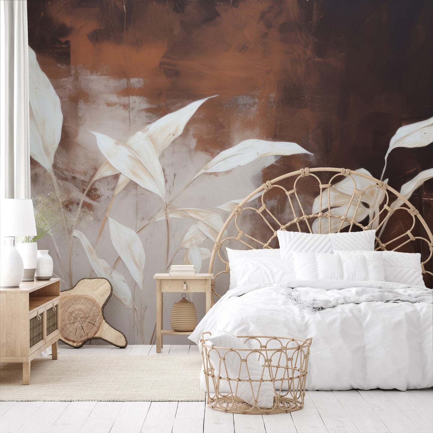 Wzór fototapety artystycznej o nazwie Serene Flora #2 pokazanej w aranżacji wnętrza.