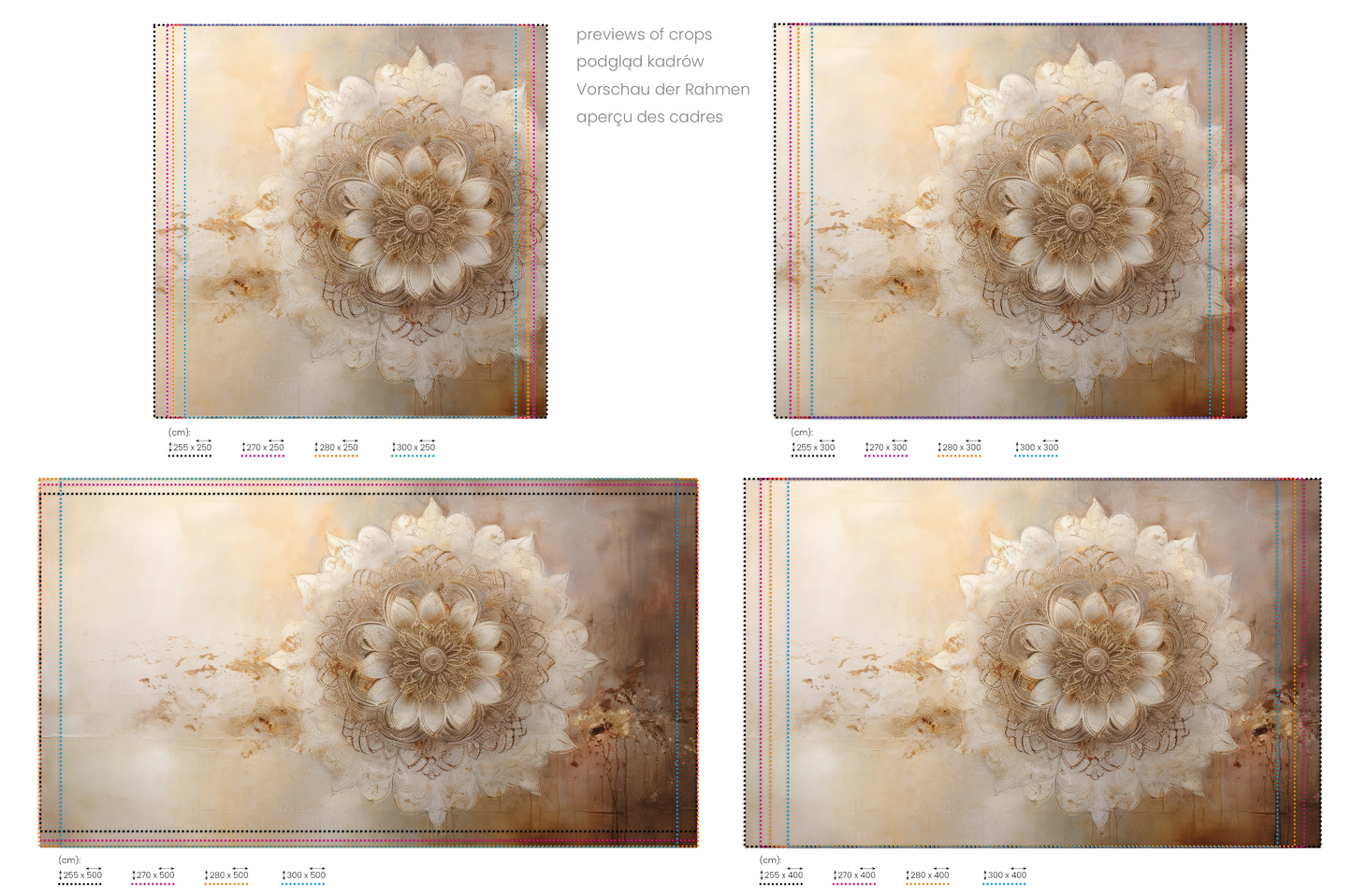 Na obrazie znajduje się prezentacja przykładowych rozmiarów fototapety o nazwie Golden Bloom. Rozmiar fototapety jest dowolny.