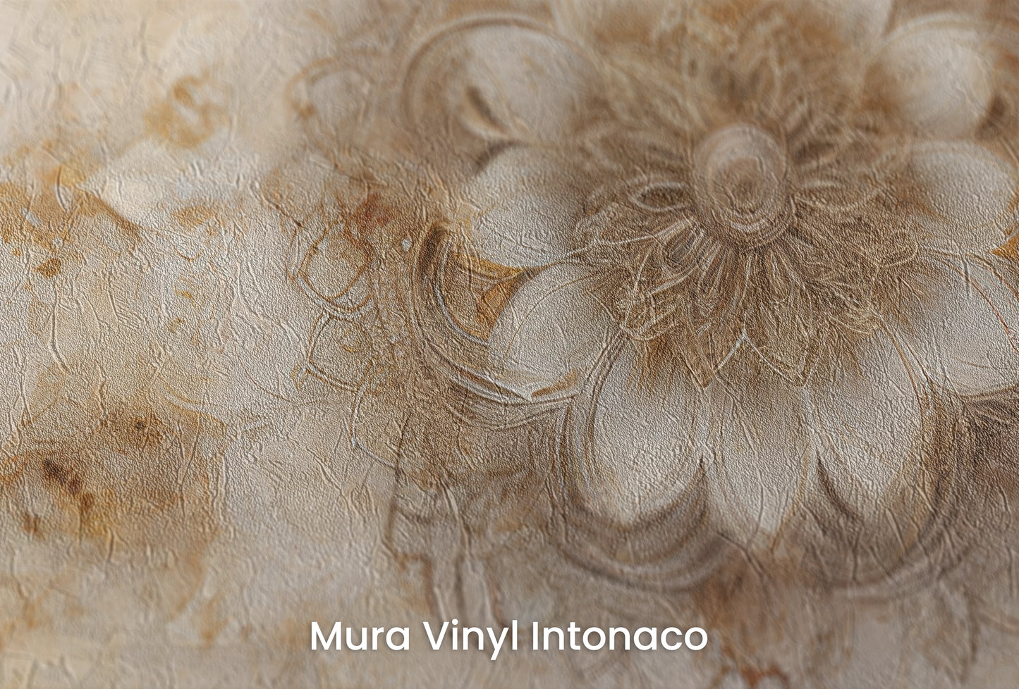 Zbliżenie na artystyczną fototapetę o nazwie Golden Bloom na podłożu Mura Vinyl Intonaco - struktura tartego tynku.