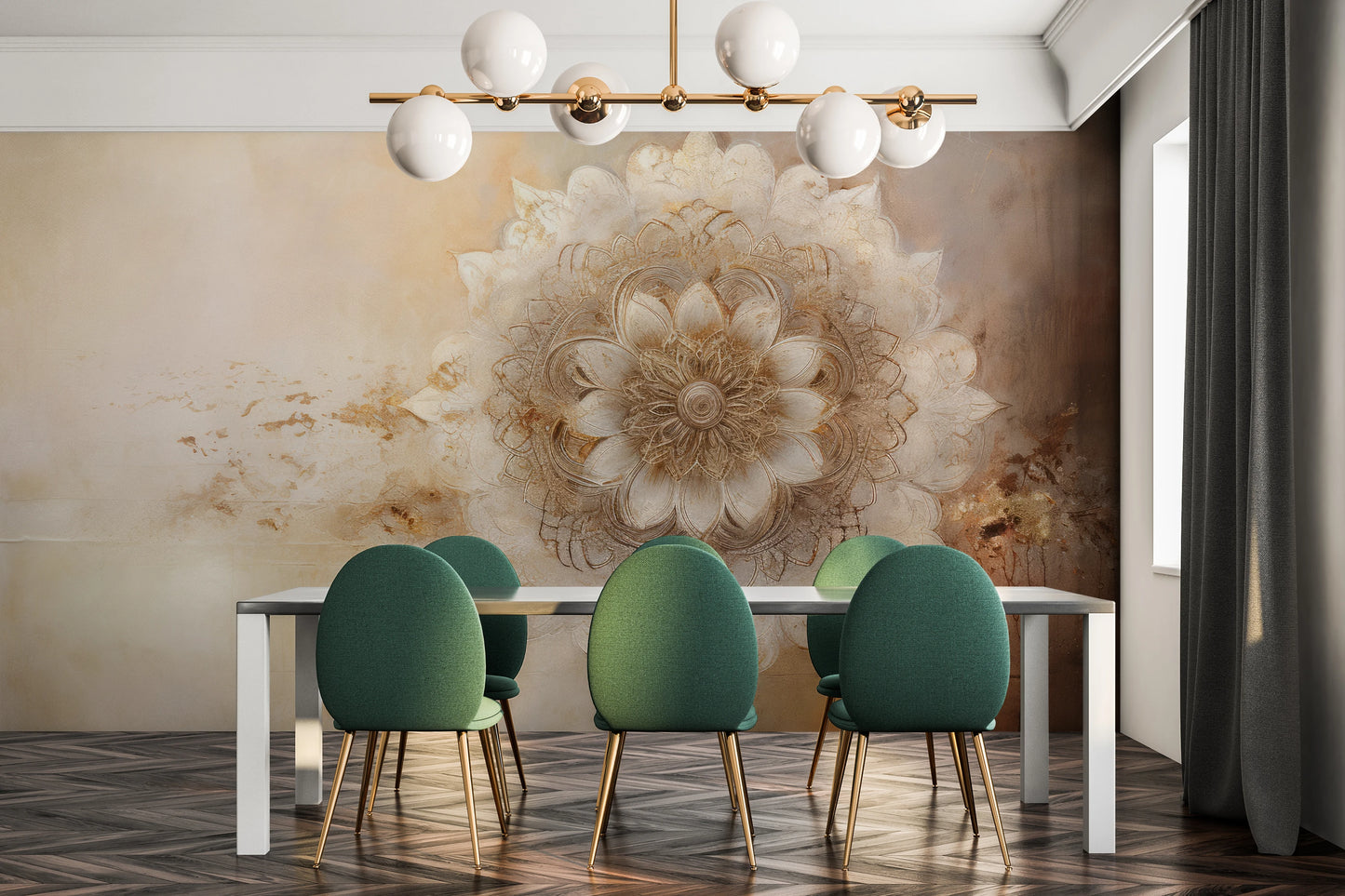 Wzór fototapety artystycznej o nazwie Golden Bloom pokazanej w aranżacji wnętrza.