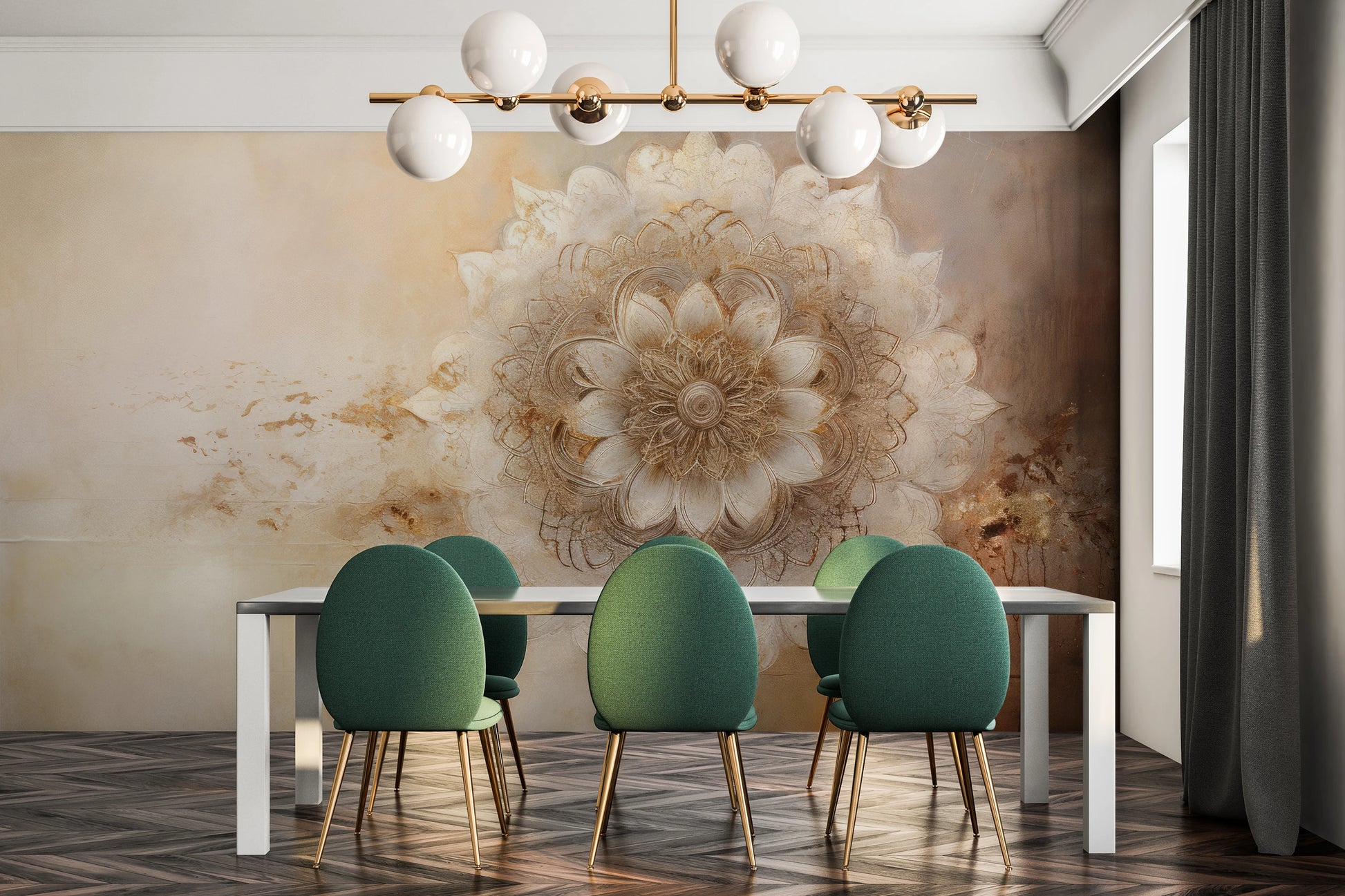 Wzór fototapety artystycznej o nazwie Golden Bloom pokazanej w aranżacji wnętrza.