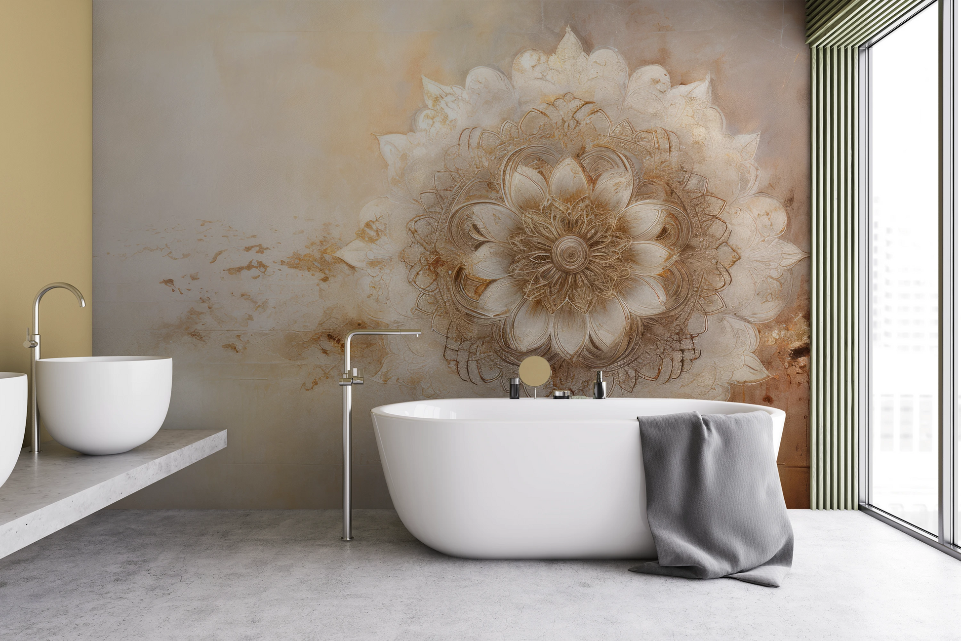 Wzór fototapety o nazwie Golden Bloom pokazanej w kontekście pomieszczenia.