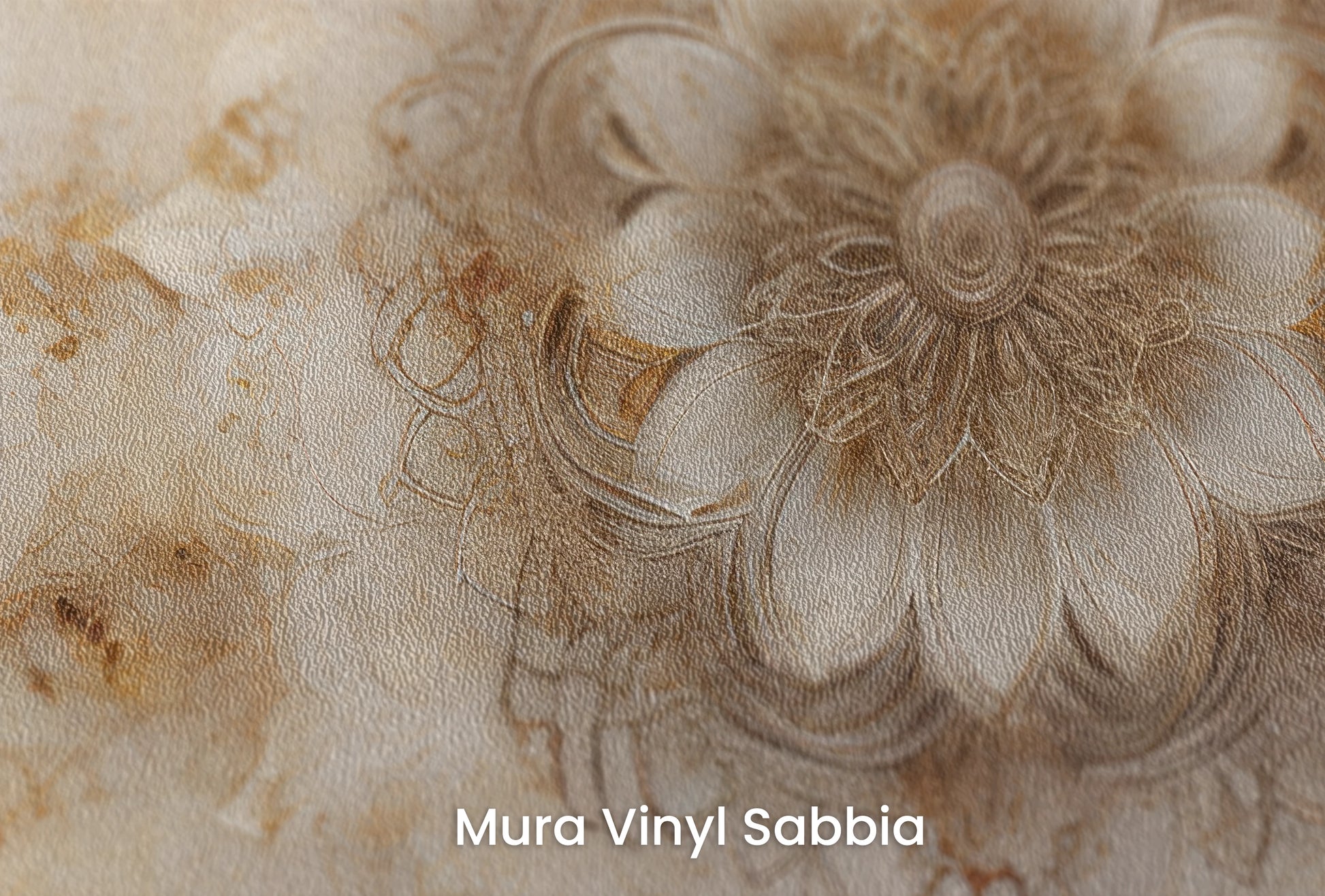 Zbliżenie na artystyczną fototapetę o nazwie Golden Bloom na podłożu Mura Vinyl Sabbia struktura grubego ziarna piasku.