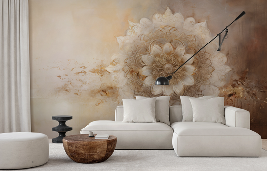 Wzór fototapety artystycznej o nazwie Golden Bloom pokazanej w aranżacji wnętrza.