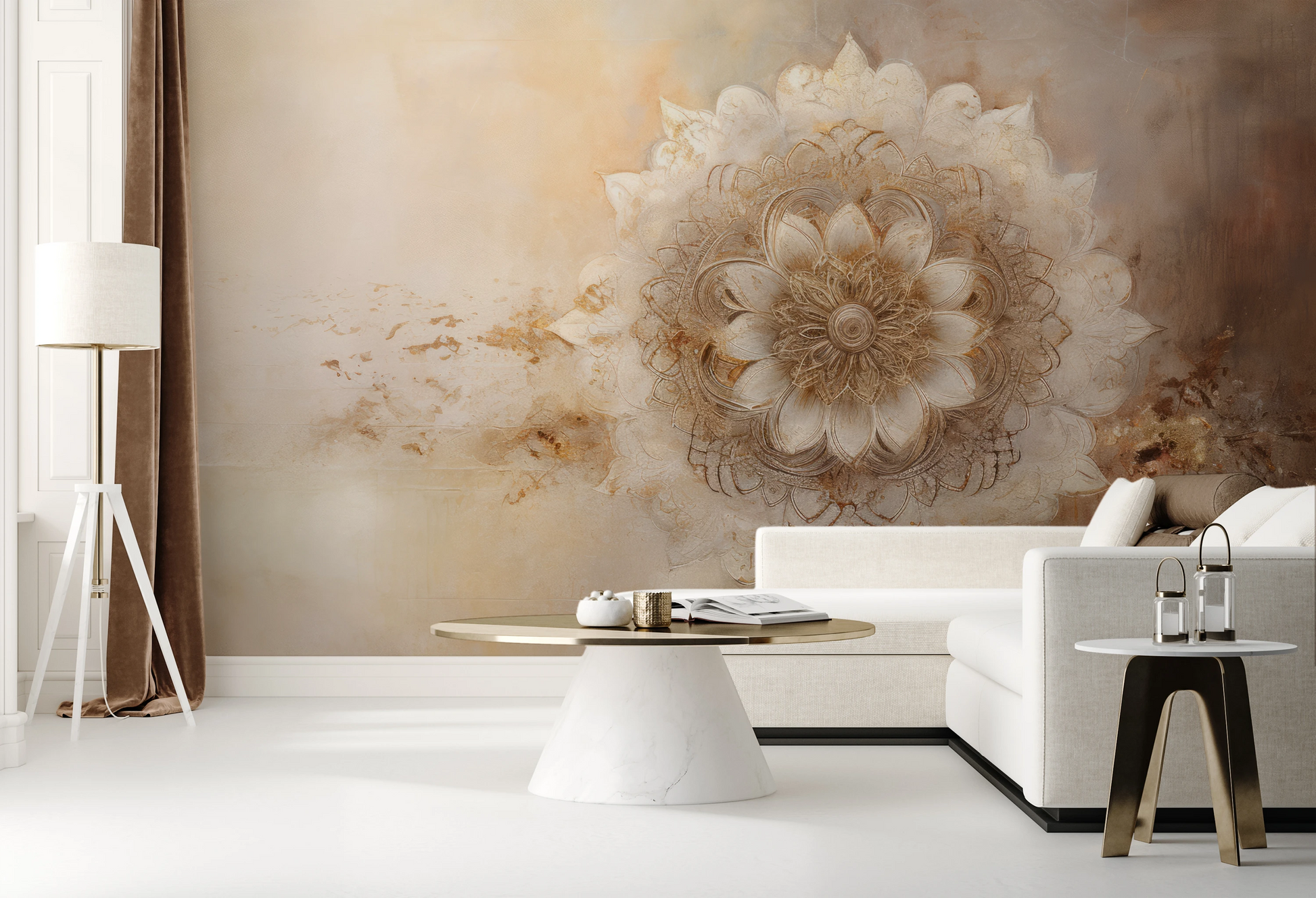 Fototapeta artystyczna o nazwie Golden Bloom pokazana w aranżacji wnętrza.