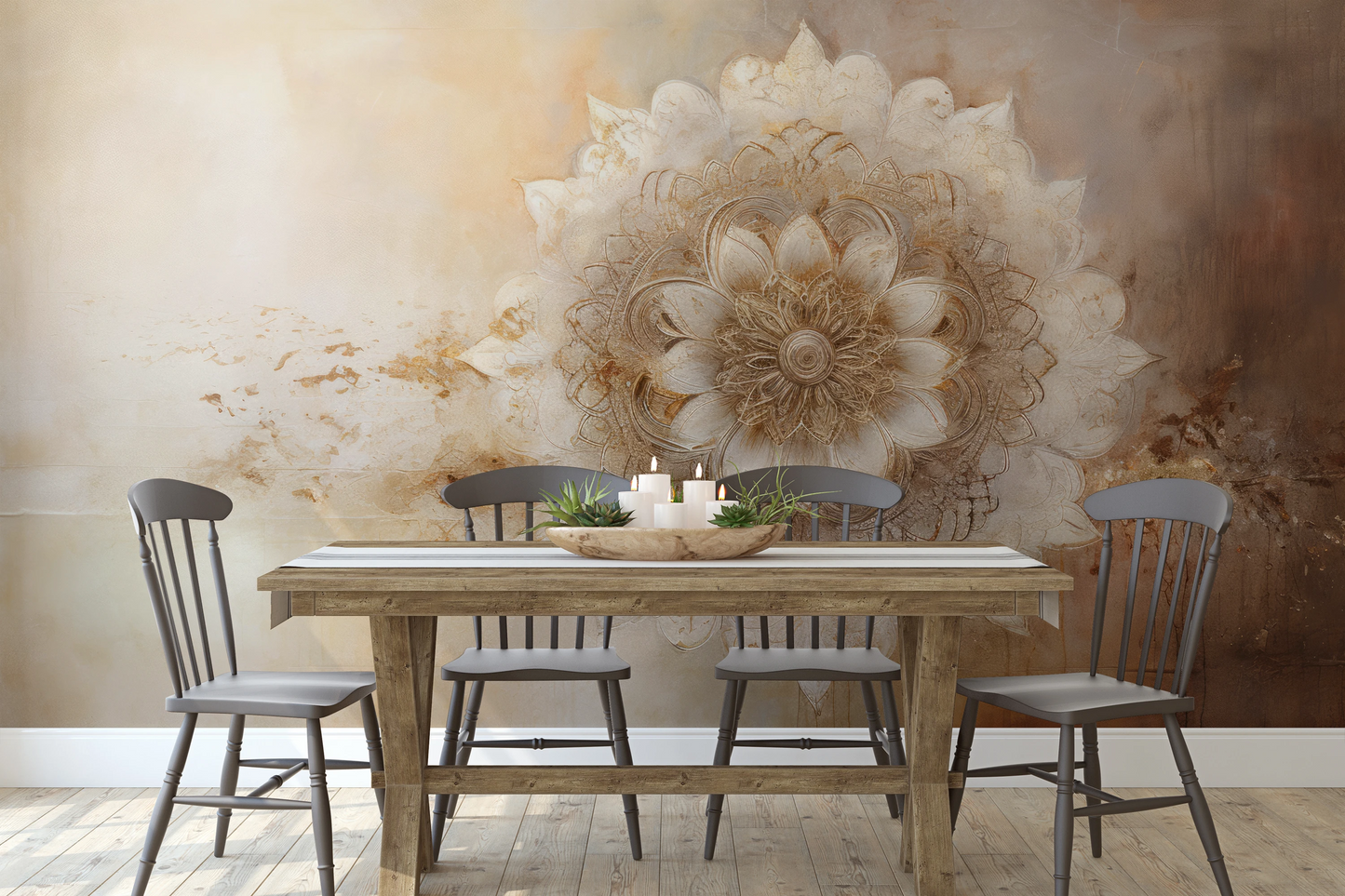 Zdjęcie prezentuje aranżację wnętrza z użyciem fototapety o nazwie Golden Bloom pokazanej w aranżacji wnętrza.