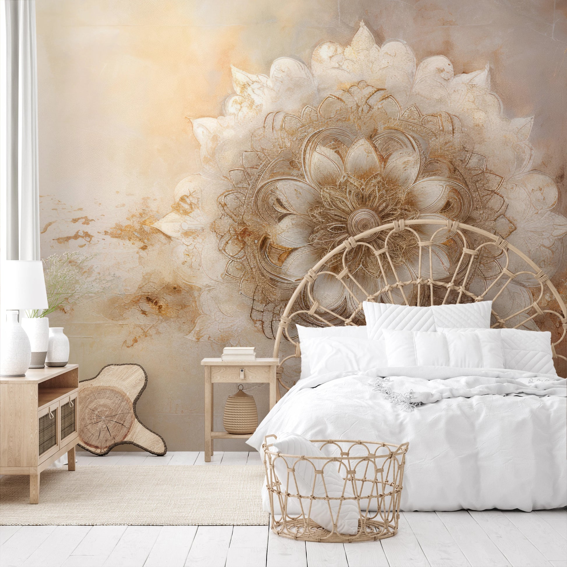 Wzór fototapety malowanej o nazwie Golden Bloom pokazanej w aranżacji wnętrza.