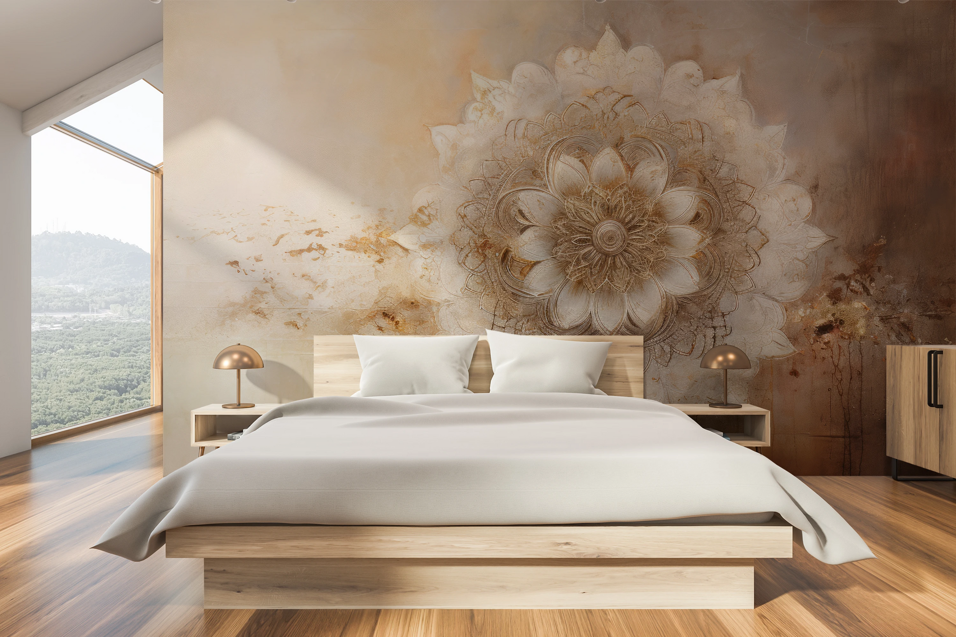 Fototapeta malowana o nazwie Golden Bloom pokazana w aranżacji wnętrza.