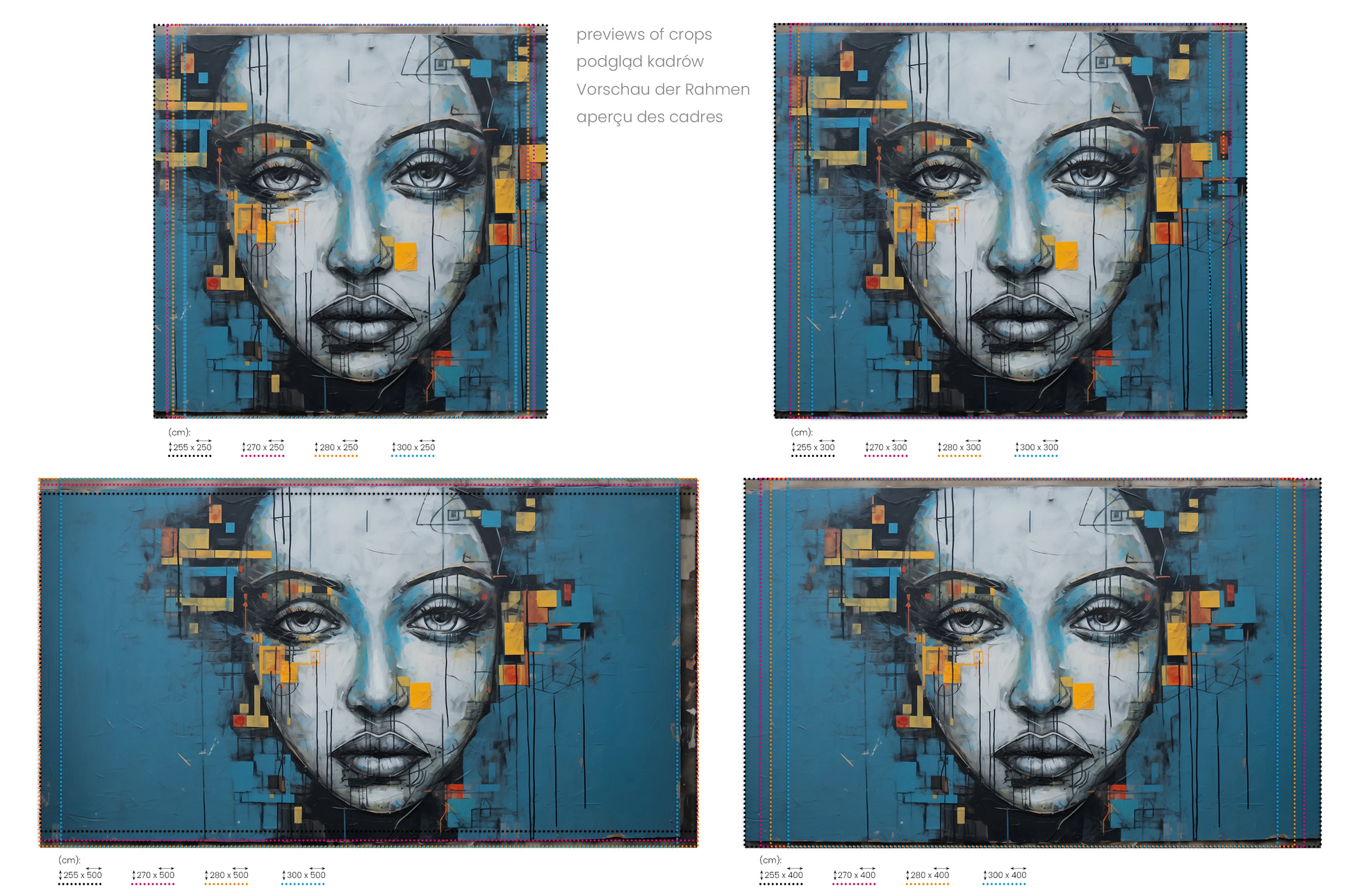 Na obrazie znajduje się prezentacja przykładowych rozmiarów fototapety o nazwie Urban Gaze. Rozmiar fototapety jest dowolny.