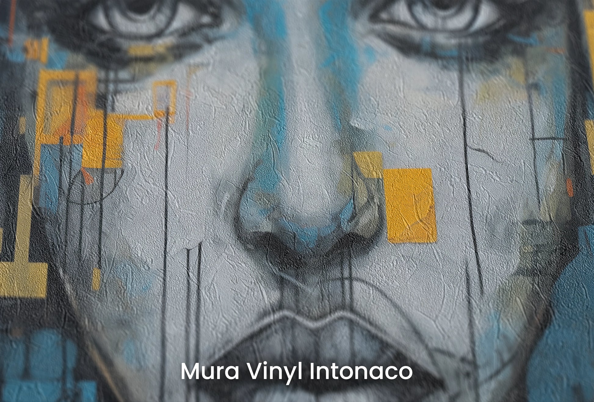 Zbliżenie na artystyczną fototapetę o nazwie Urban Gaze na podłożu Mura Vinyl Intonaco - struktura tartego tynku.