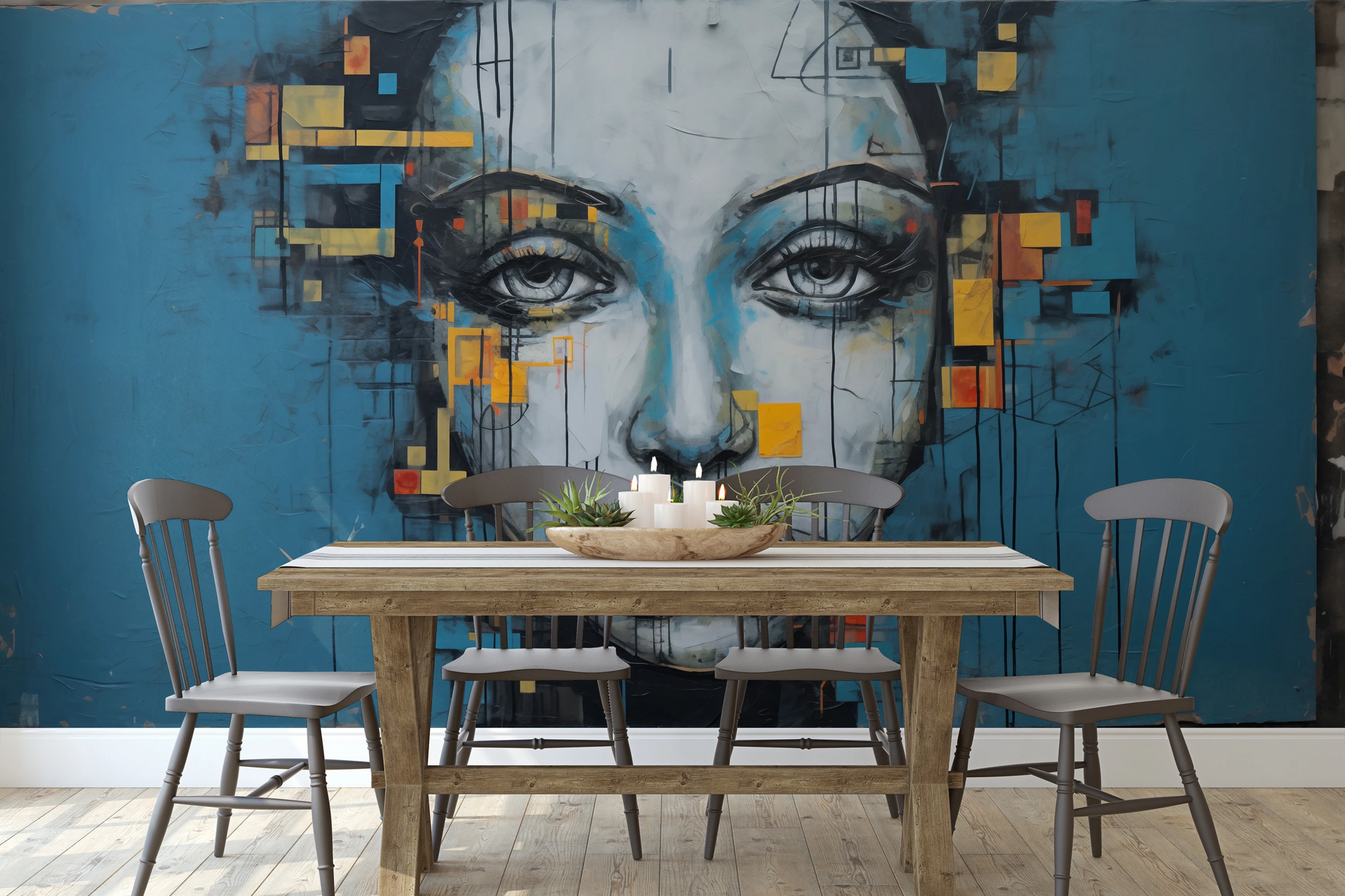 Wzór fototapety malowanej o nazwie Urban Gaze pokazanej w aranżacji wnętrza.