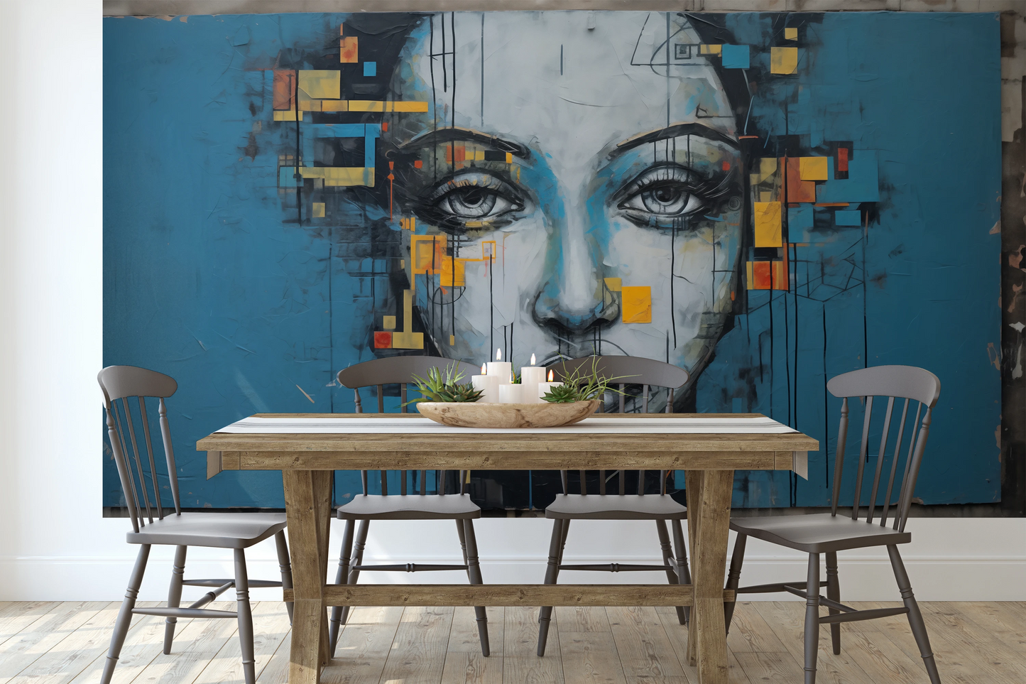 Zdjęcie prezentuje aranżację wnętrza z użyciem fototapety o nazwie Urban Gaze pokazanej w aranżacji wnętrza.