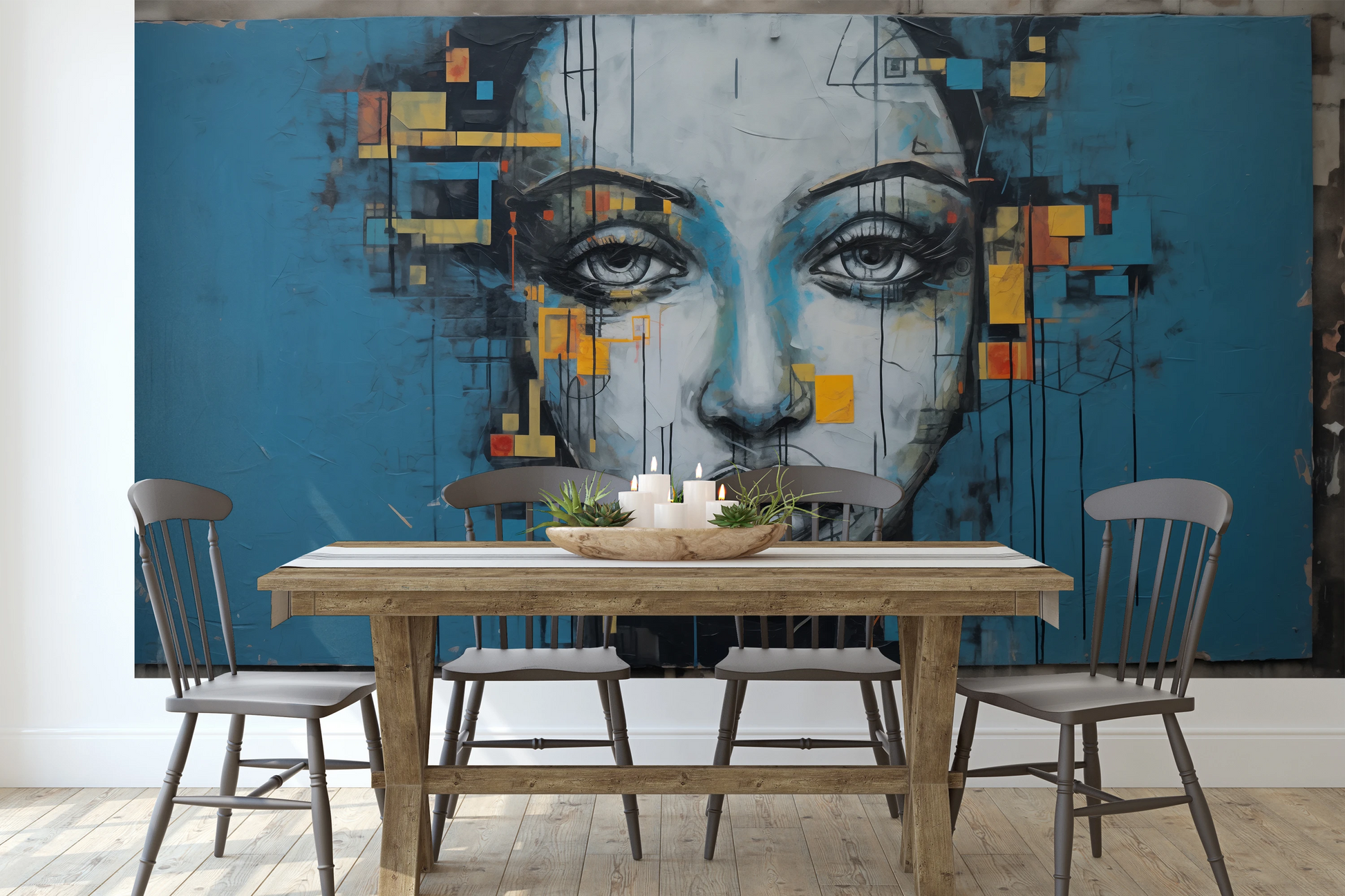 Zdjęcie prezentuje aranżację wnętrza z użyciem fototapety o nazwie Urban Gaze pokazanej w aranżacji wnętrza.