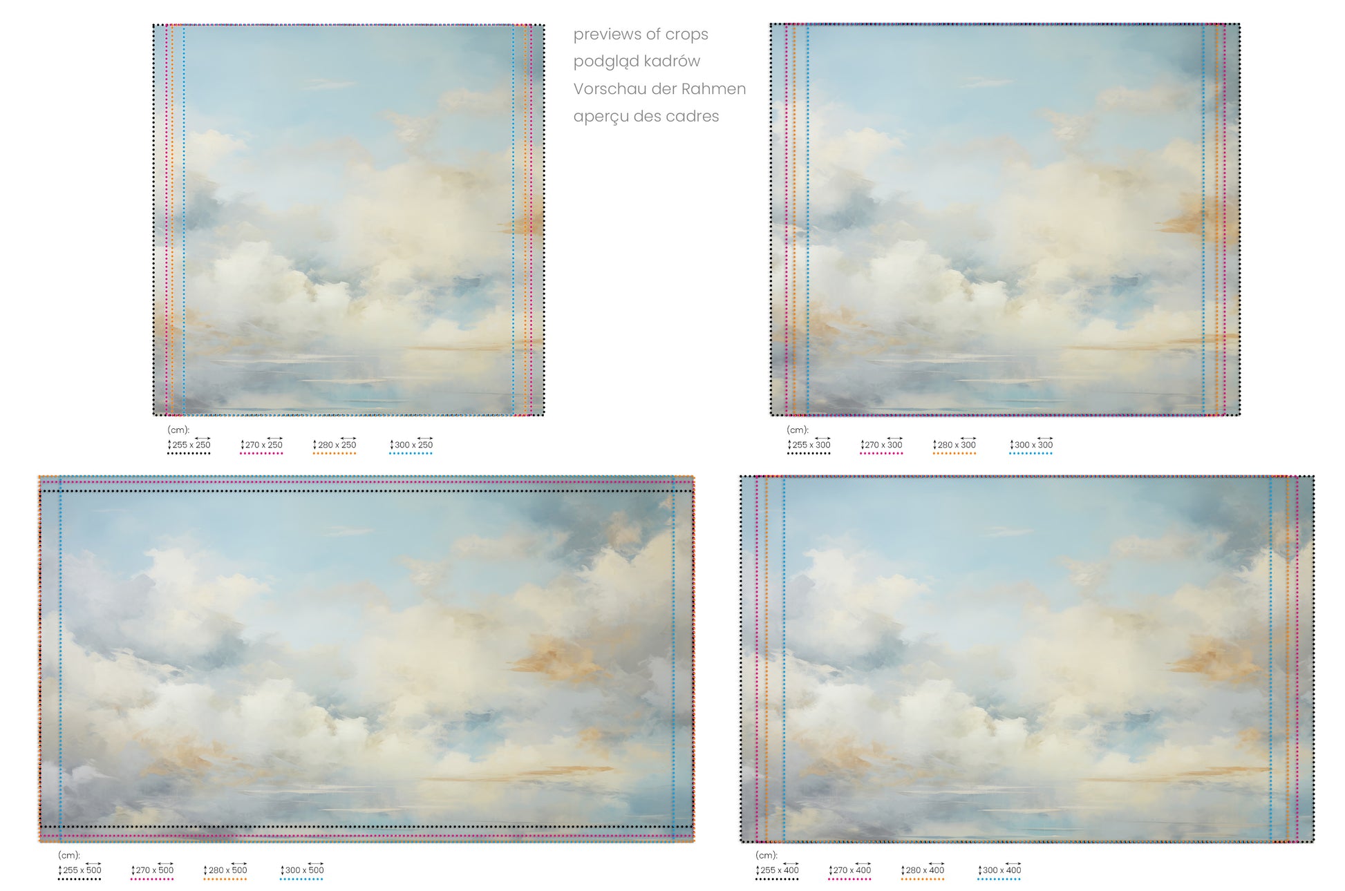 Na obrazie znajduje się prezentacja przykładowych rozmiarów fototapety o nazwie AURORAL DREAMS CANVAS. Rozmiar fototapety jest dowolny.