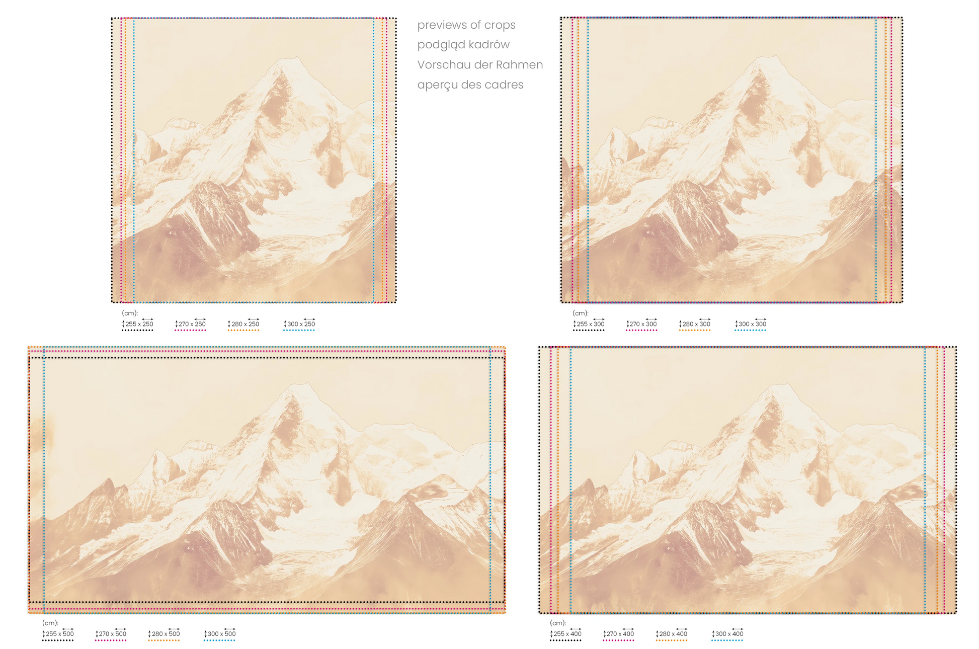 Na obrazie znajduje się prezentacja przykładowych rozmiarów fototapety o nazwie Sepia Summit #2. Rozmiar fototapety jest dowolny.