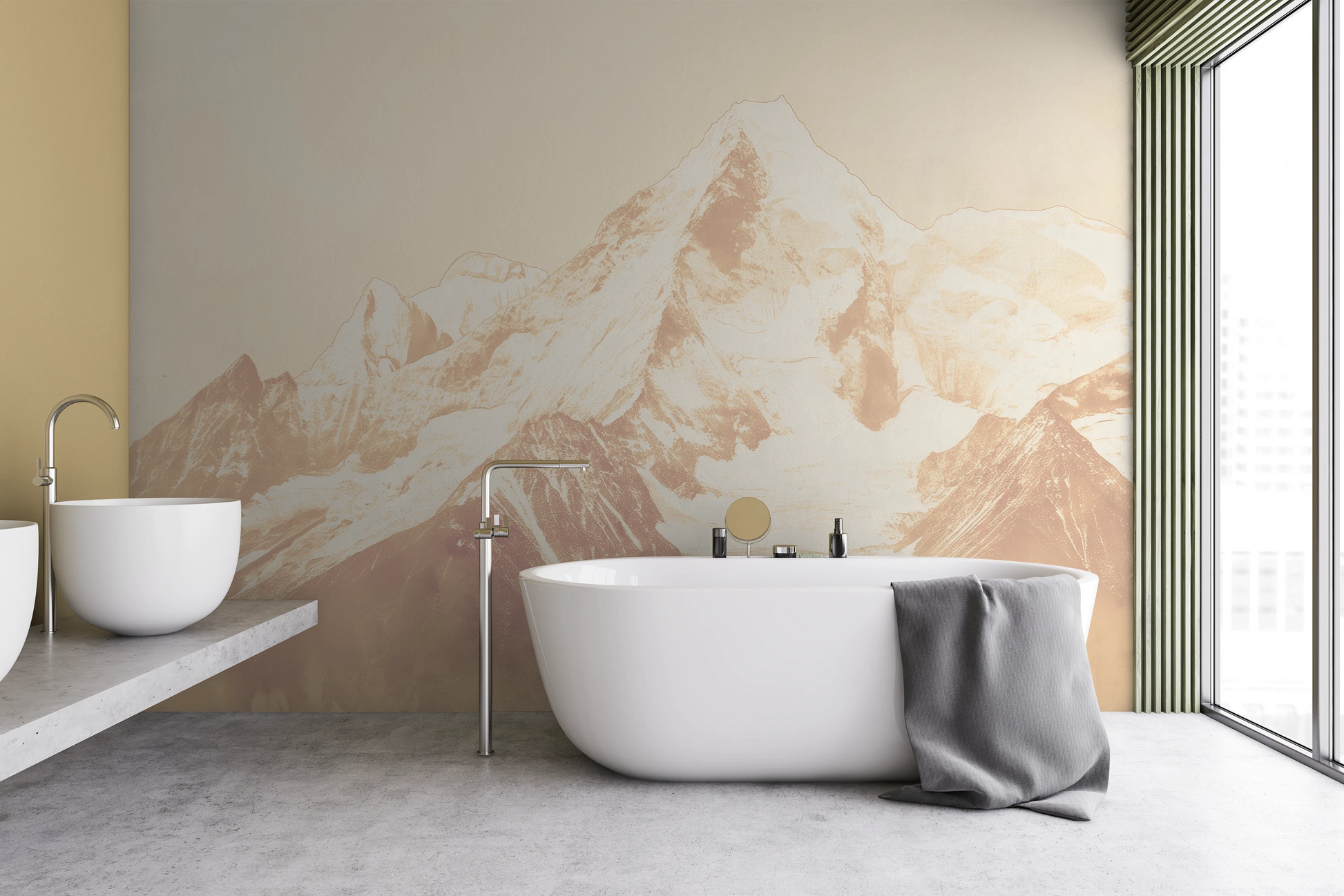 Zdjęcie prezentuje aranżację wnętrza z użyciem fototapety o nazwie Sepia Summit #2 pokazanej w aranżacji wnętrza.