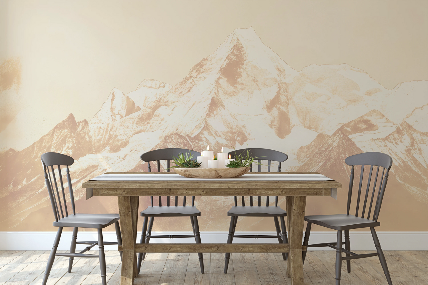 Wzór fototapety malowanej o nazwie Sepia Summit #2 pokazanej w aranżacji wnętrza.