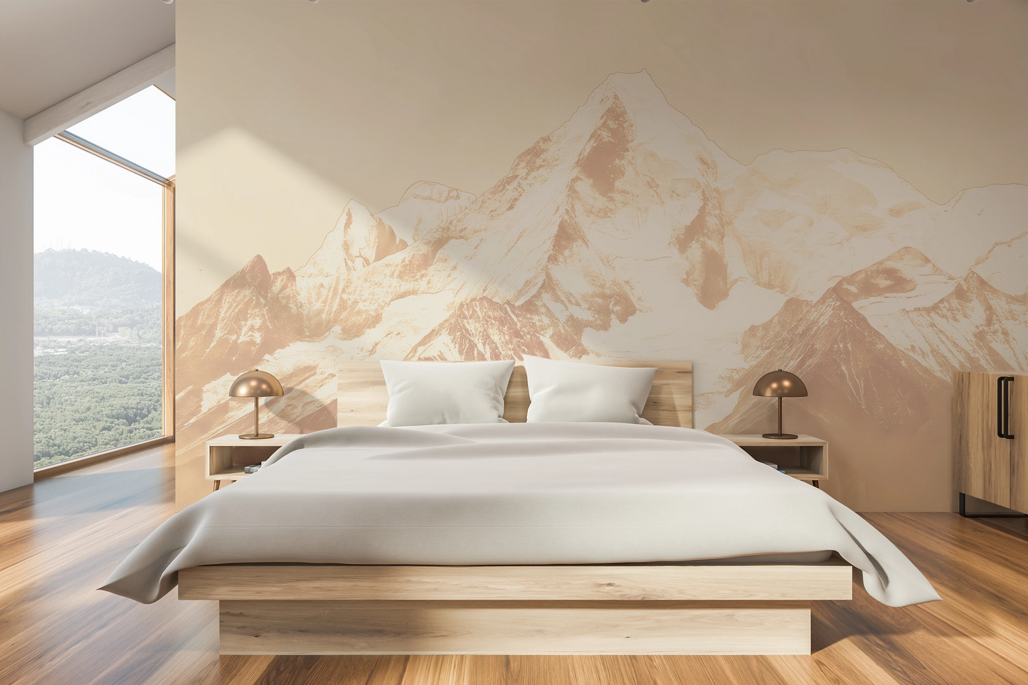 Wzór fototapety artystycznej o nazwie Sepia Summit #2 pokazanej w aranżacji wnętrza.