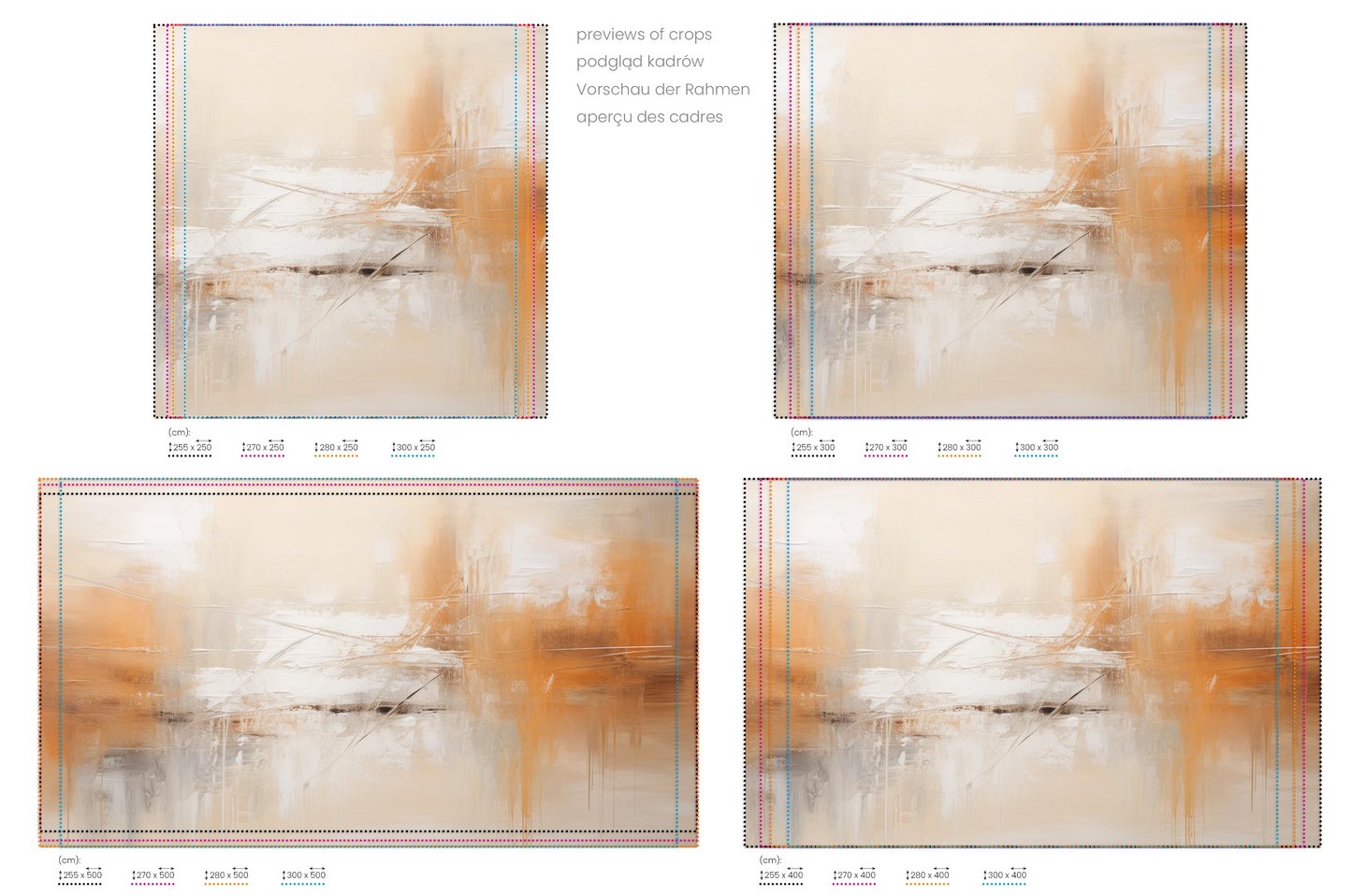 Na obrazie znajduje się prezentacja przykładowych rozmiarów fototapety o nazwie Dynamic Calm. Rozmiar fototapety jest dowolny.