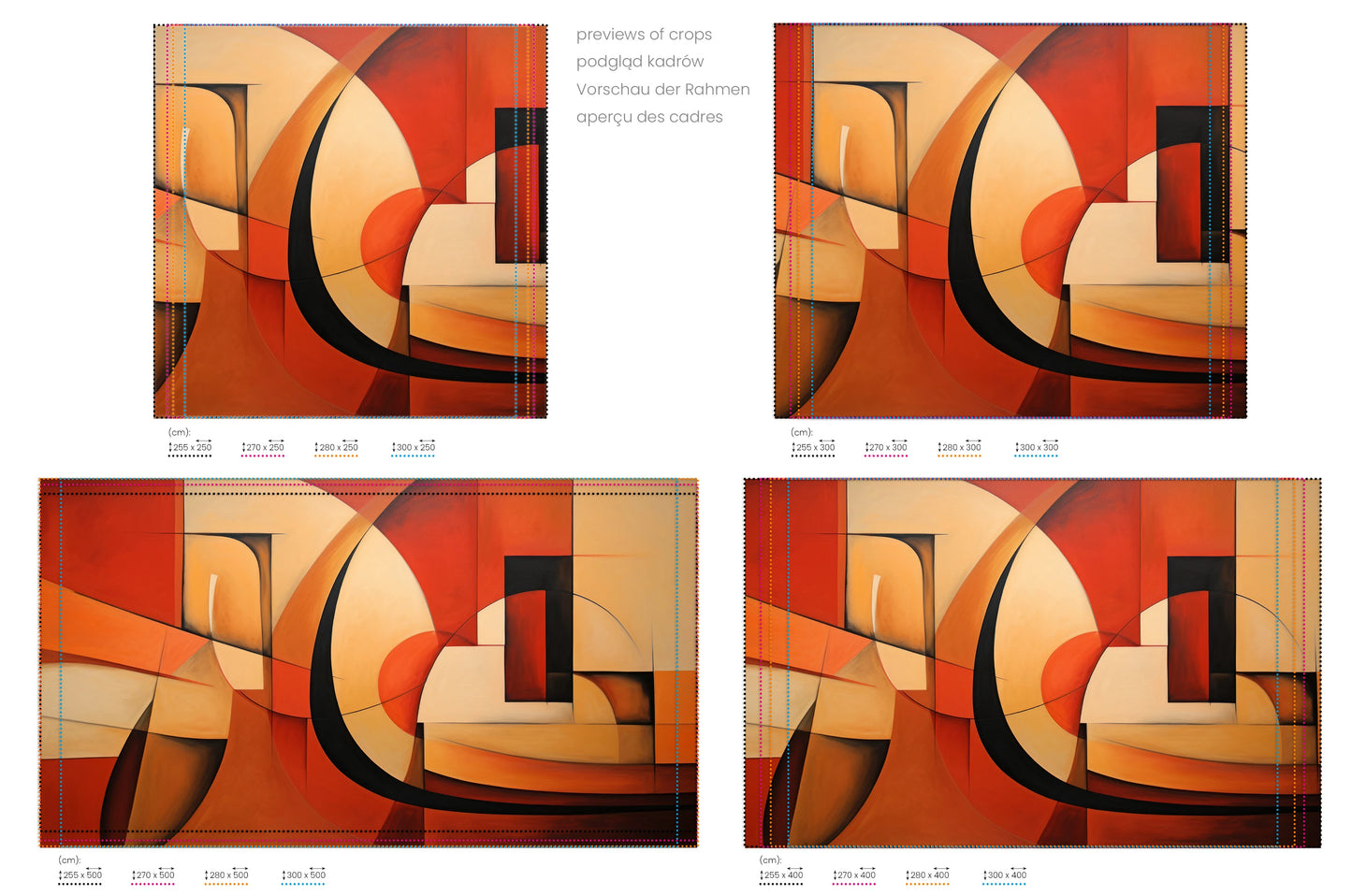 Na obrazie znajduje się prezentacja przykładowych rozmiarów fototapety o nazwie Warm Geometric Flow. Rozmiar fototapety jest dowolny.