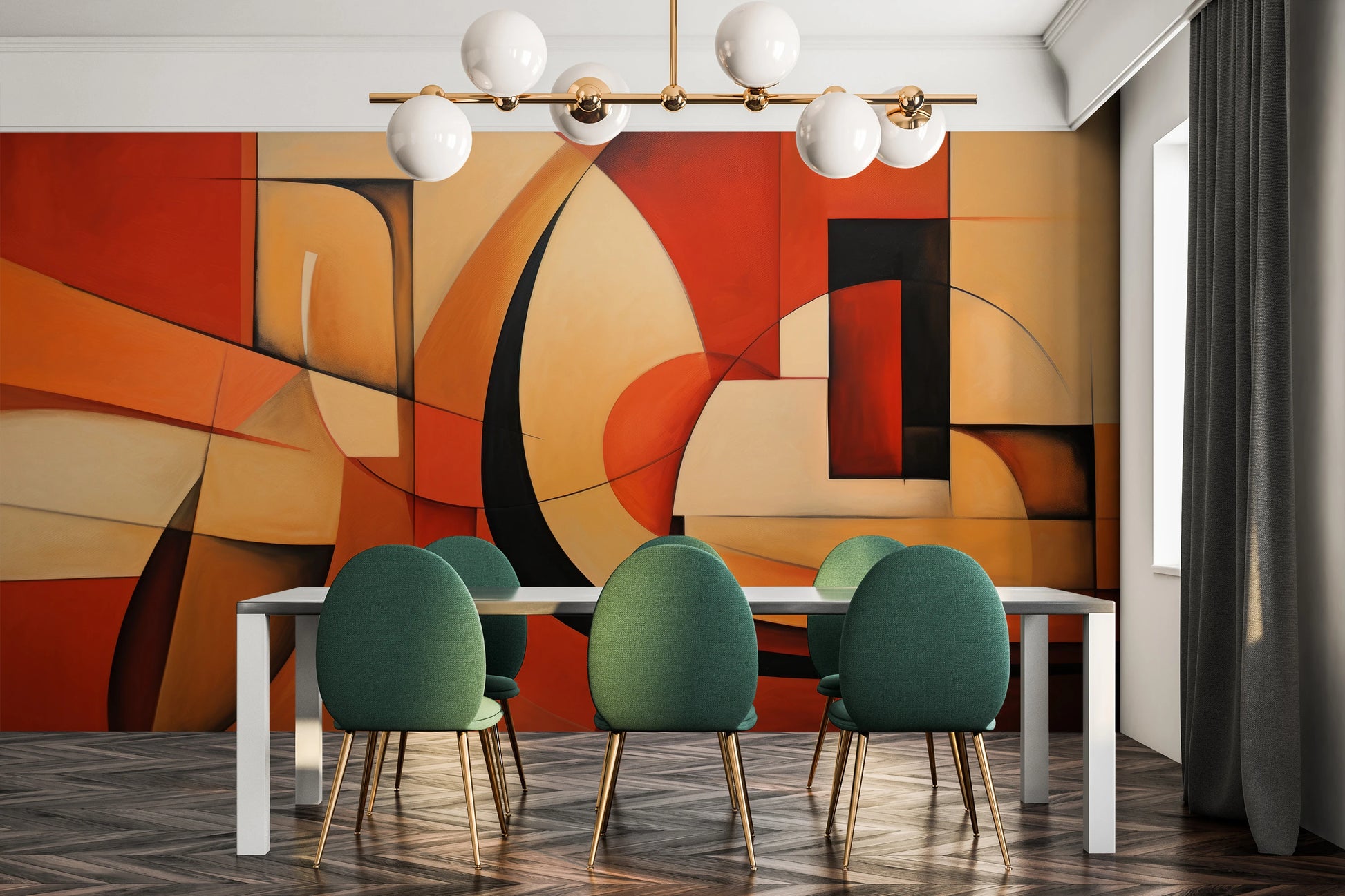 Wzór fototapety artystycznej o nazwie Warm Geometric Flow pokazanej w aranżacji wnętrza.