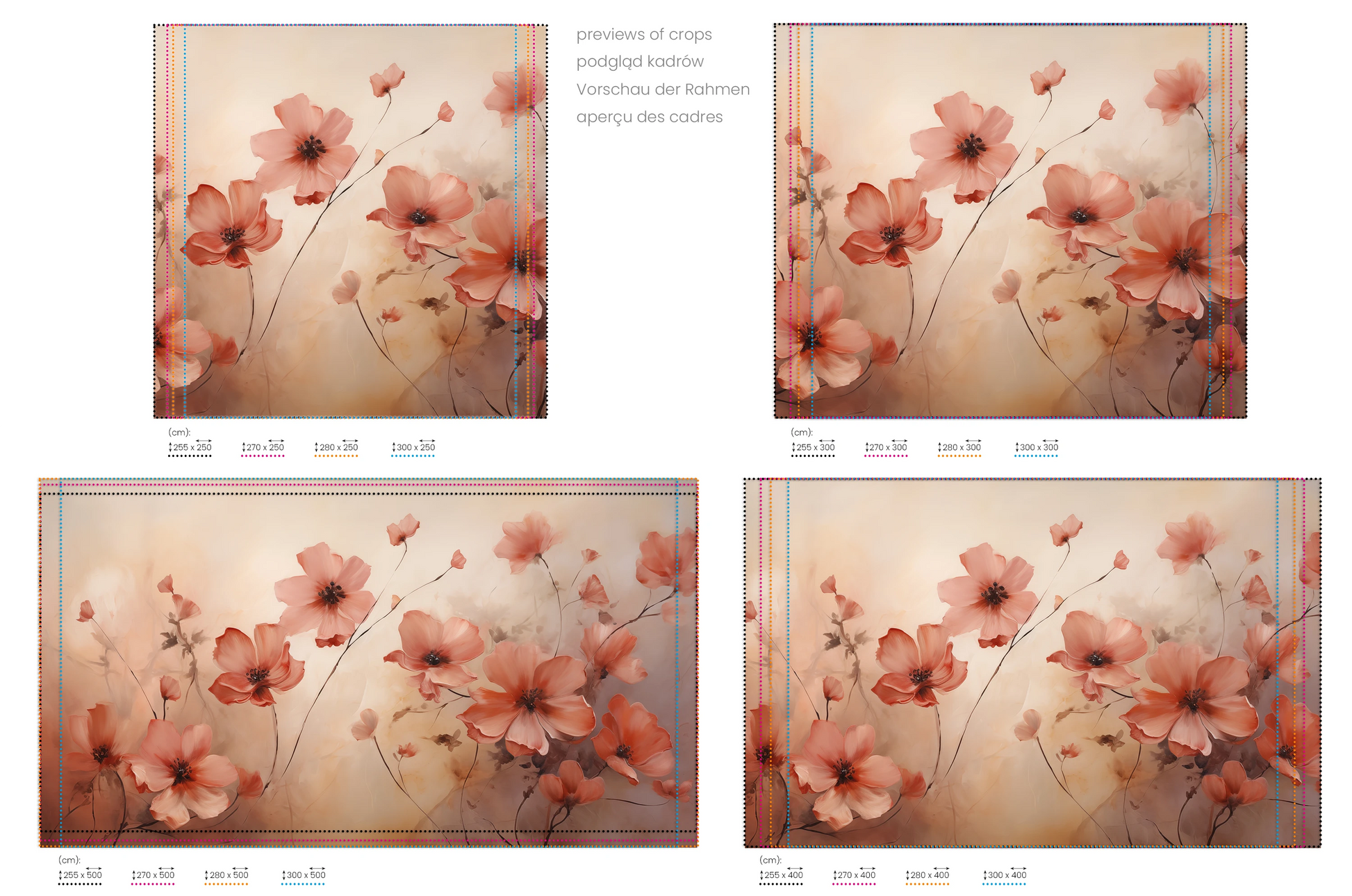 Na obrazie znajduje się prezentacja przykładowych rozmiarów fototapety o nazwie Coral Poppies. Rozmiar fototapety jest dowolny.