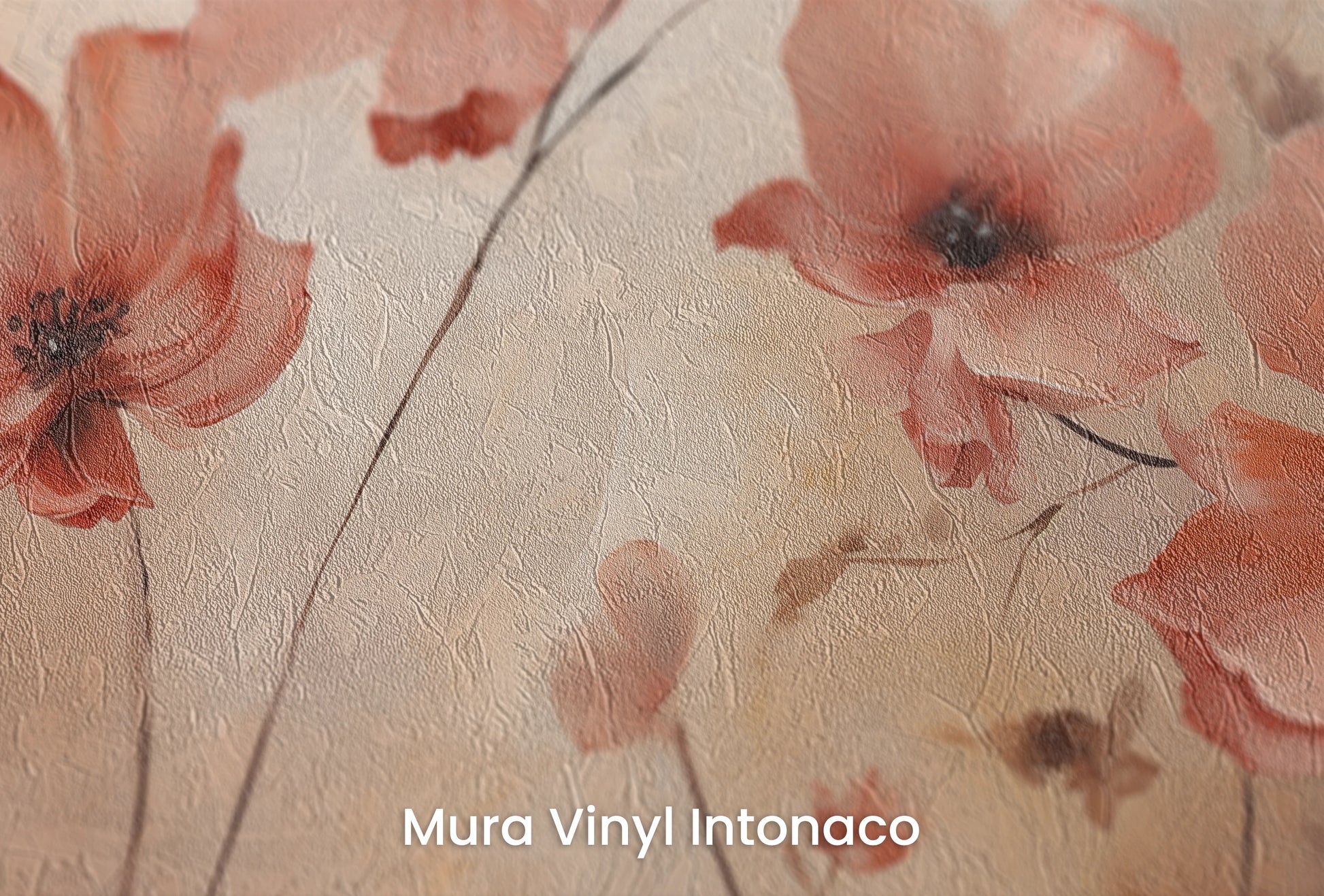Zbliżenie na artystyczną fototapetę o nazwie Coral Poppies na podłożu Mura Vinyl Intonaco - struktura tartego tynku.