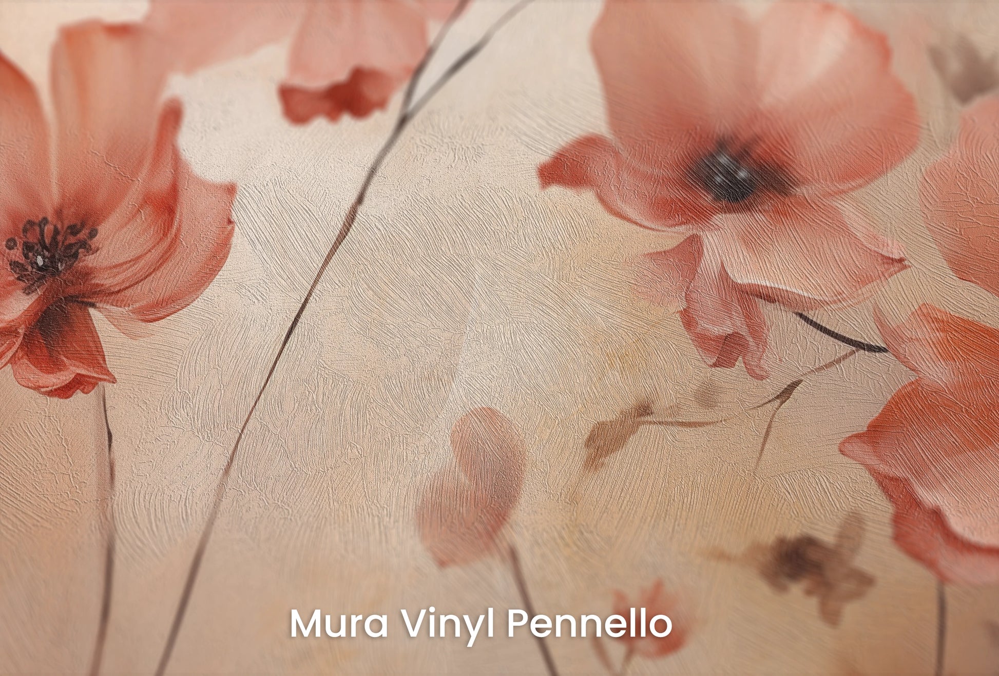 Zbliżenie na artystyczną fototapetę o nazwie Coral Poppies na podłożu Mura Vinyl Pennello - faktura pociągnięć pędzla malarskiego.