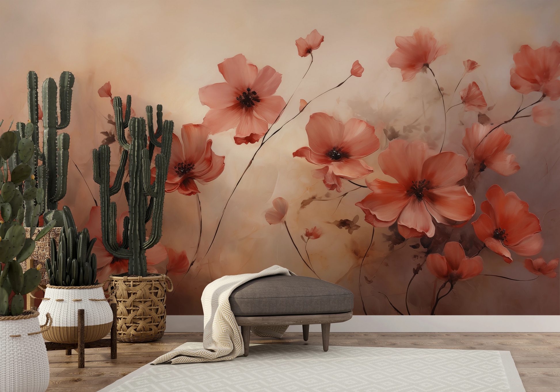 Fototapeta artystyczna o nazwie Coral Poppies pokazana w aranżacji wnętrza.