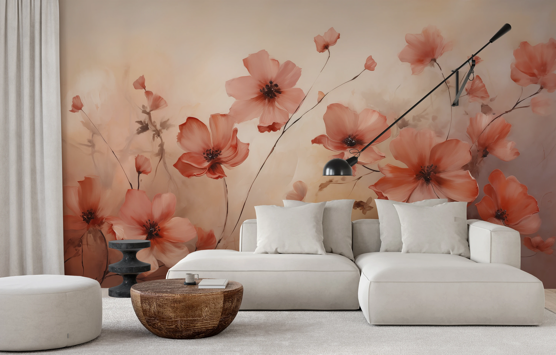 Fototapeta malowana o nazwie Coral Poppies pokazana w aranżacji wnętrza.