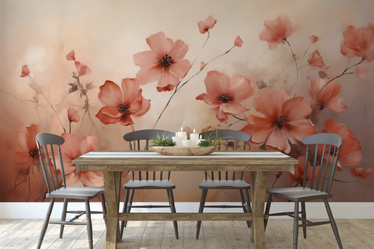 Wzór fototapety artystycznej o nazwie Coral Poppies pokazanej w aranżacji wnętrza.