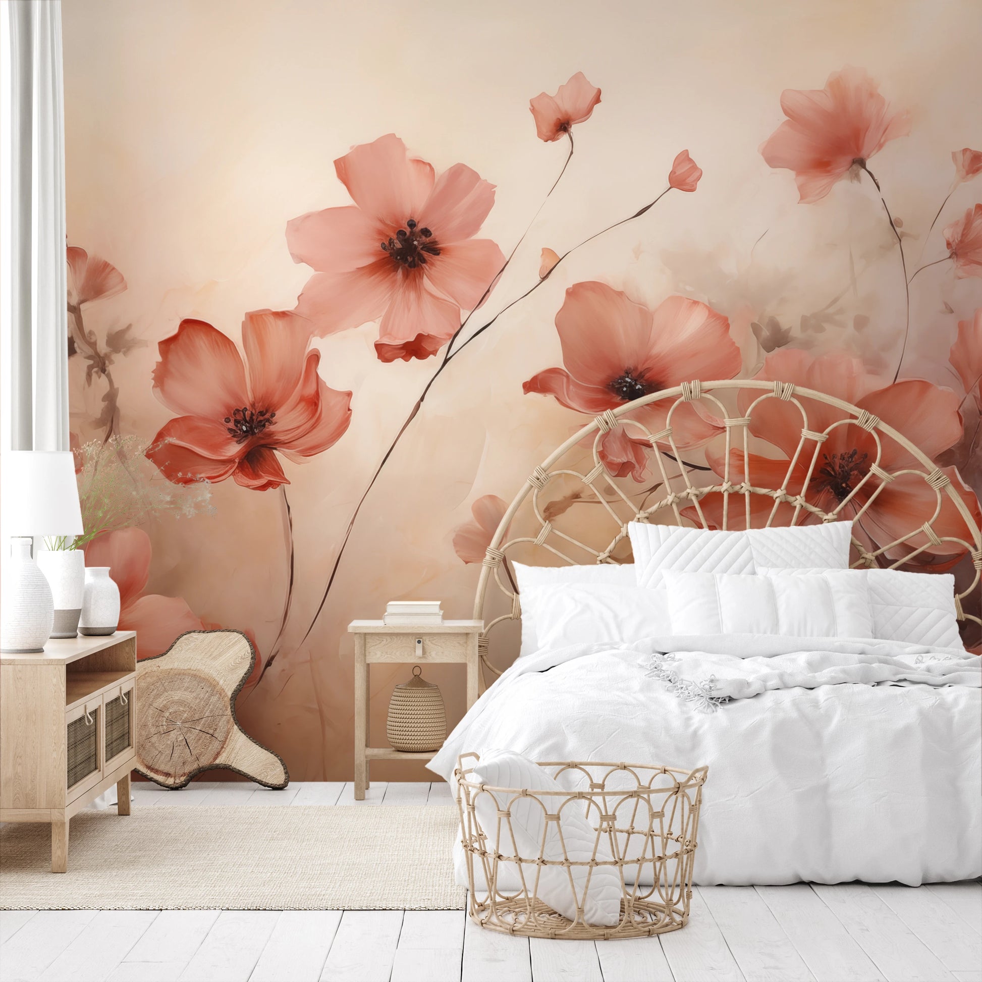 Wzór fototapety o nazwie Coral Poppies pokazanej w kontekście pomieszczenia.