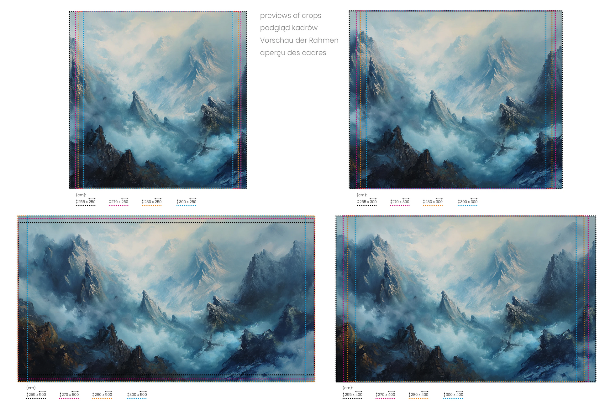 Na obrazie znajduje się prezentacja przykładowych rozmiarów fototapety o nazwie Stormy Ascent. Rozmiar fototapety jest dowolny.