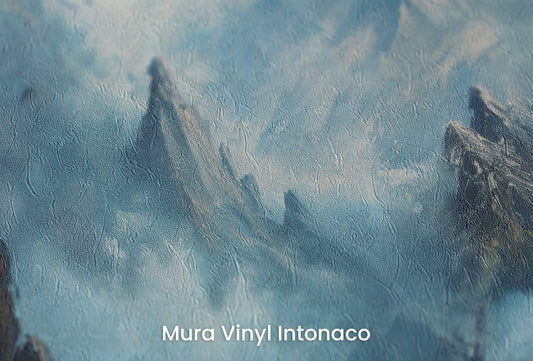 Zbliżenie na artystyczną fototapetę o nazwie Stormy Ascent na podłożu Mura Vinyl Intonaco - struktura tartego tynku.
