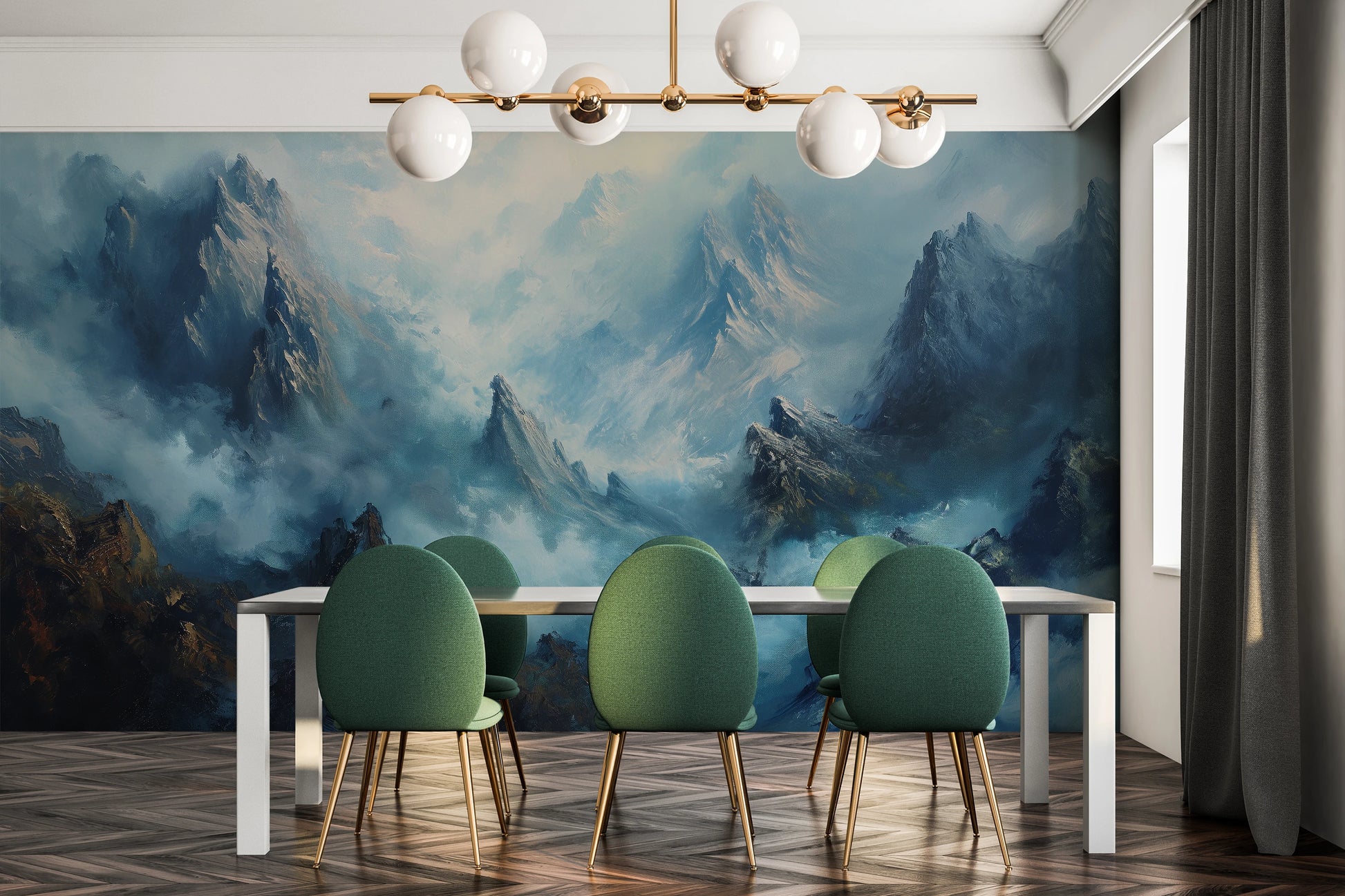 Wzór fototapety artystycznej o nazwie Stormy Ascent pokazanej w aranżacji wnętrza.