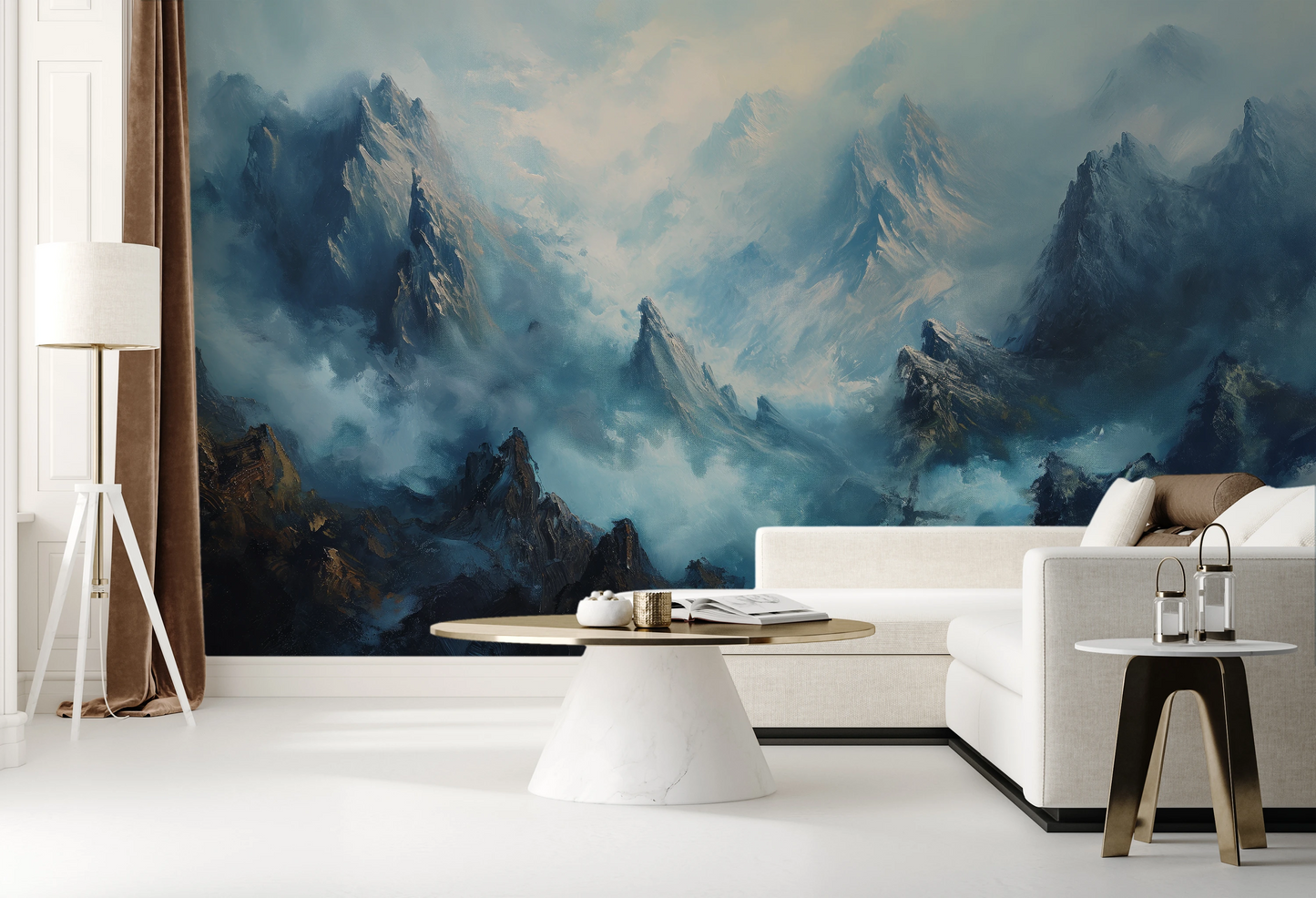 Wzór fototapety malowanej o nazwie Stormy Ascent pokazanej w aranżacji wnętrza.