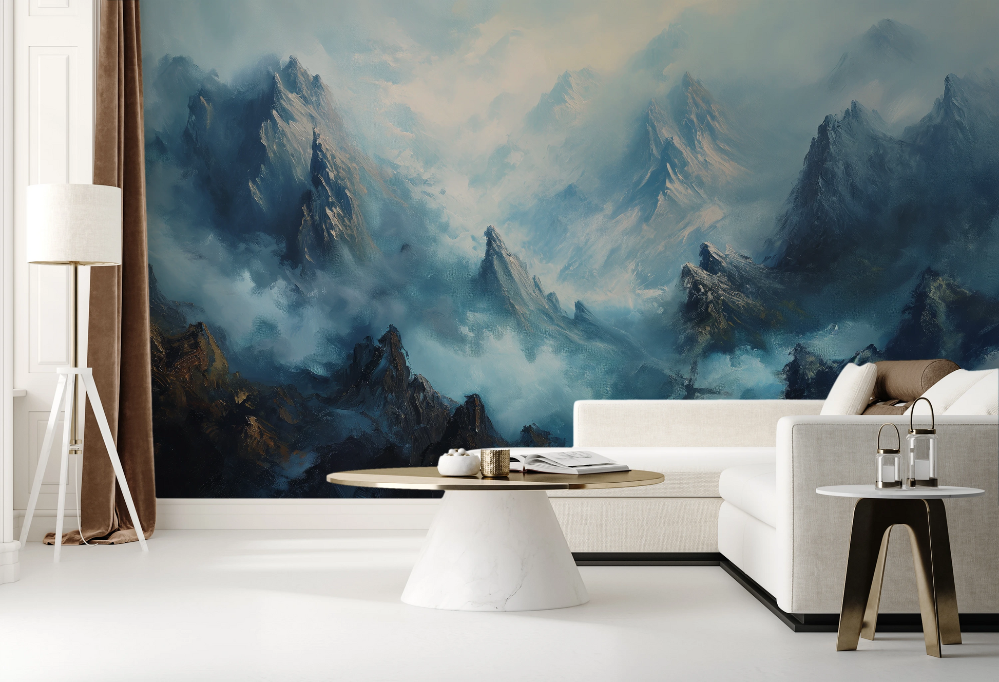 Wzór fototapety malowanej o nazwie Stormy Ascent pokazanej w aranżacji wnętrza.