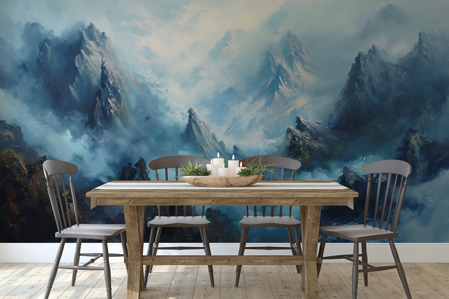 Zdjęcie prezentuje aranżację wnętrza z użyciem fototapety o nazwie Stormy Ascent pokazanej w aranżacji wnętrza.