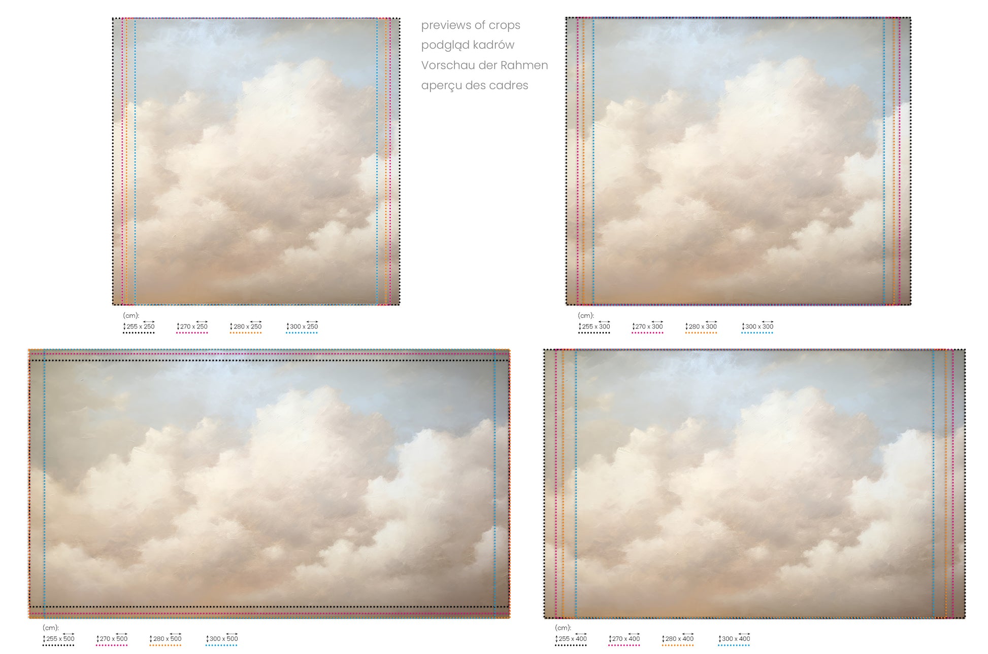 Na obrazie znajduje się prezentacja przykładowych rozmiarów fototapety o nazwie GENTLE GLOW OF DUSK CANVAS. Rozmiar fototapety jest dowolny.