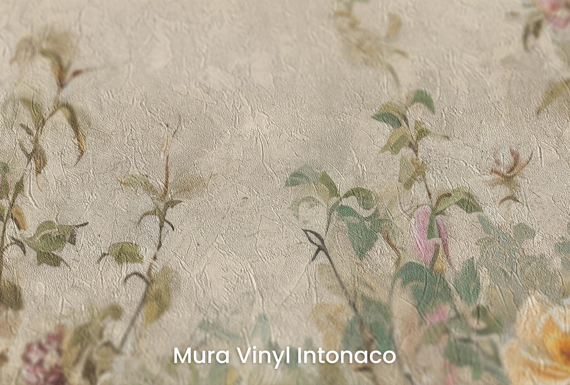 Zbliżenie na artystyczną fototapetę o nazwie Garden Fresco na podłożu Mura Vinyl Intonaco - struktura tartego tynku.