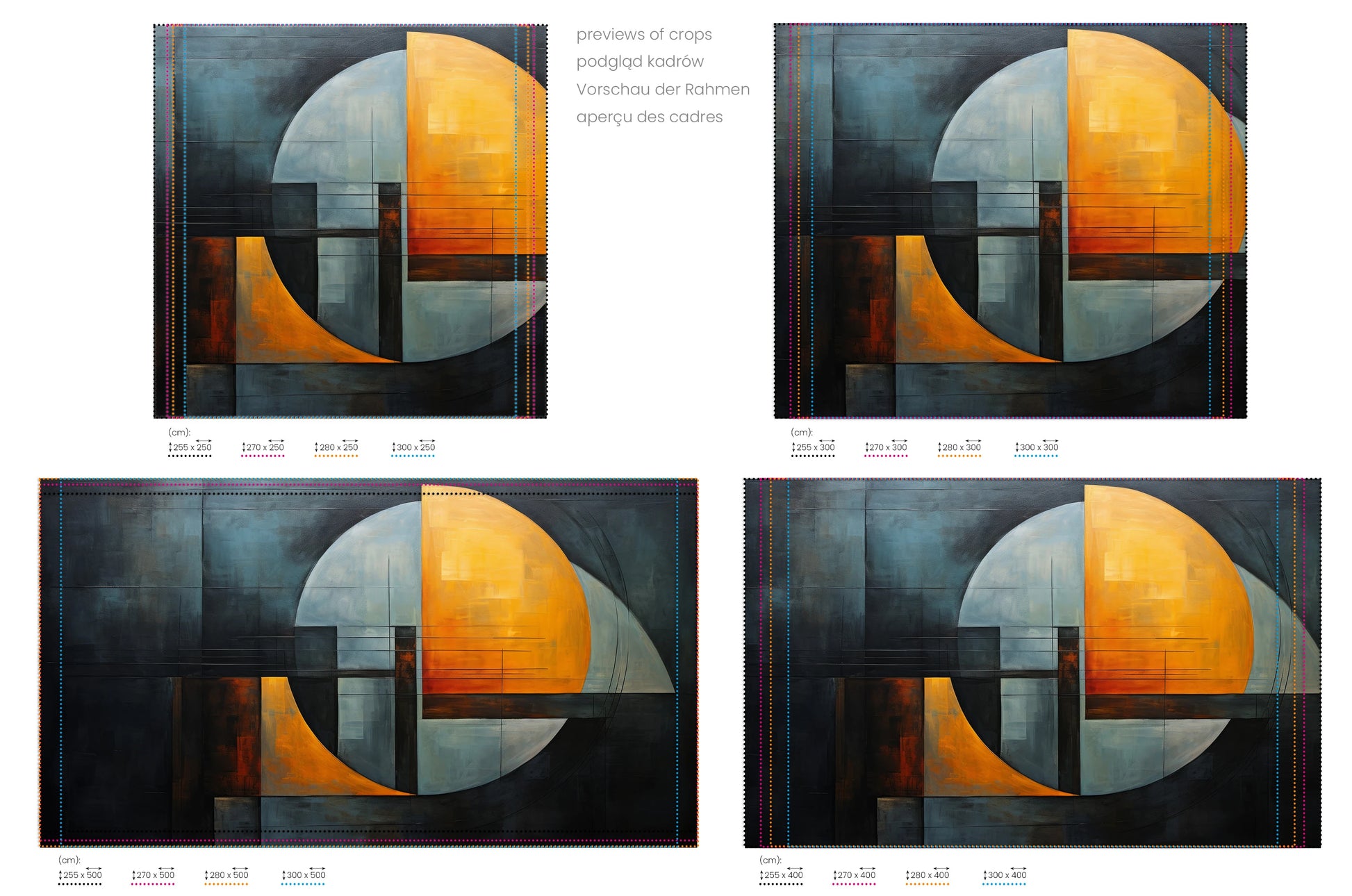 Na obrazie znajduje się prezentacja przykładowych rozmiarów fototapety o nazwie Abstract Lunar. Rozmiar fototapety jest dowolny.